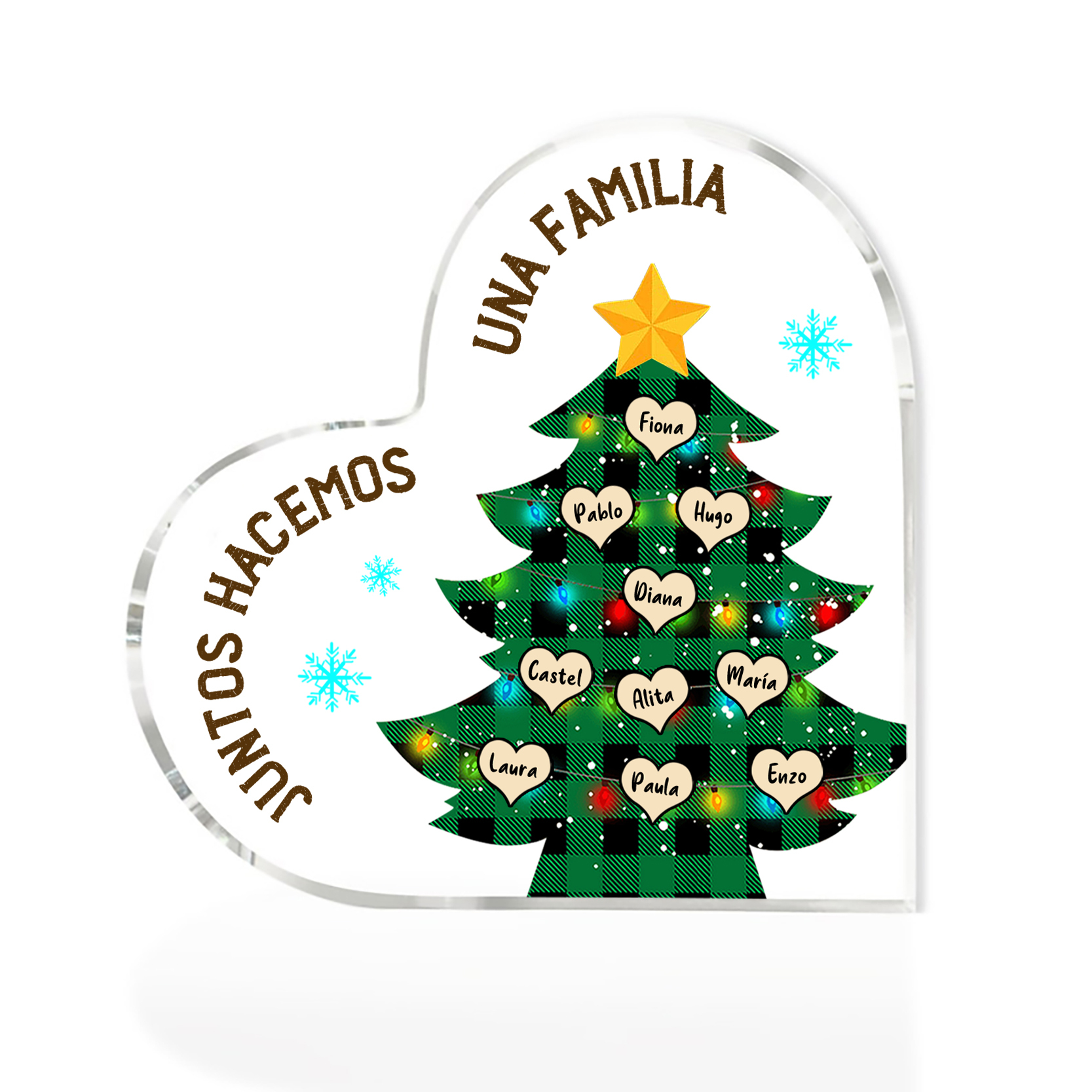 Navidad - Placa de acrílico en forma de corazón árbol con luces con 10 nombres personalizados-Jessemade ES