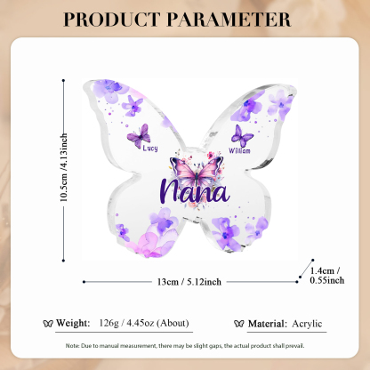 A mi mamá/abuela-Placa de acrílico "Mariposas" en forma de mariposa 2 nombres y 1 texto personalizados-Jessemade ES
