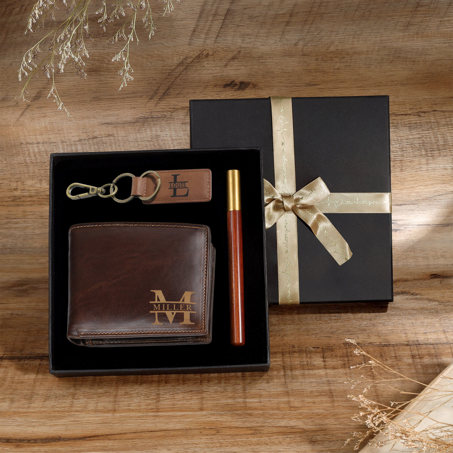 Kit de regalo-Llavero, cartera y bolígrafo con 2 nombres y 2 letras personalizados con 2 textos para hombre-Jessemade ES