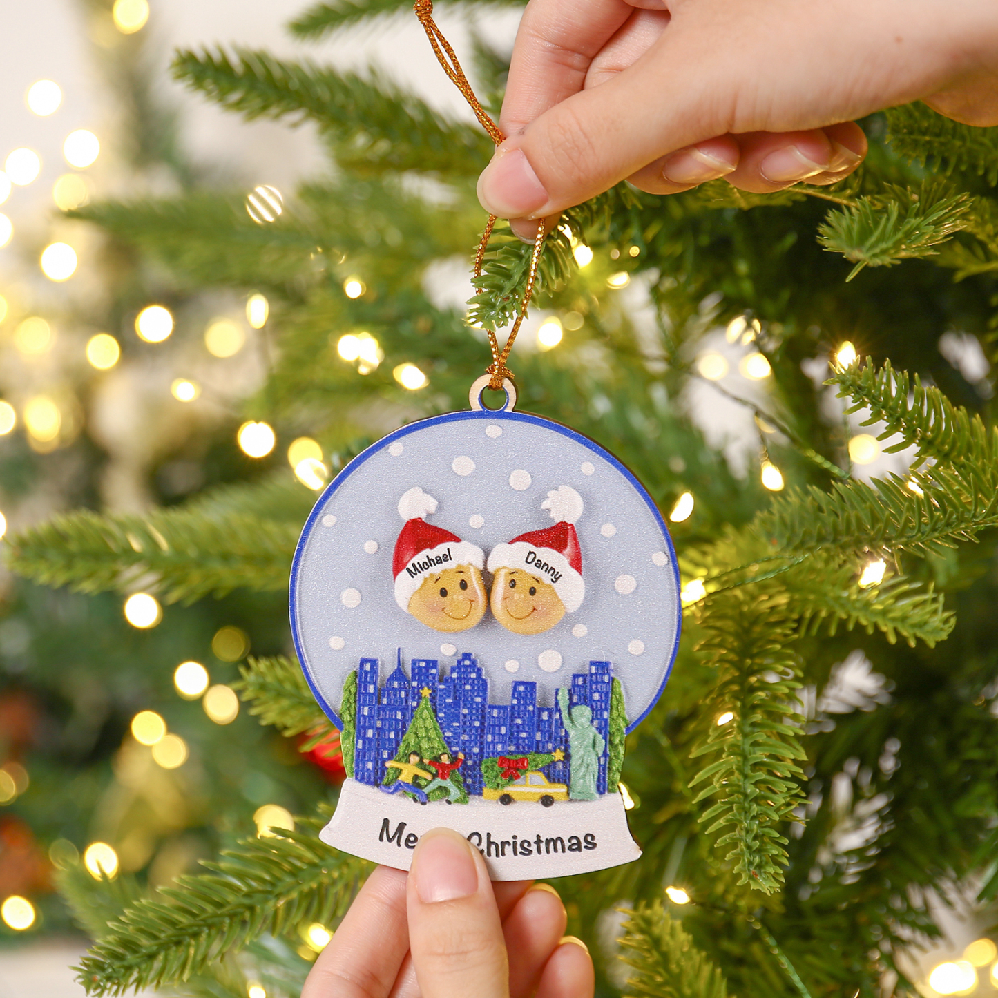 Navidad-Ornamentos Navideños de Madera Bola de cristal 2 Nombres con Texto Personalizados