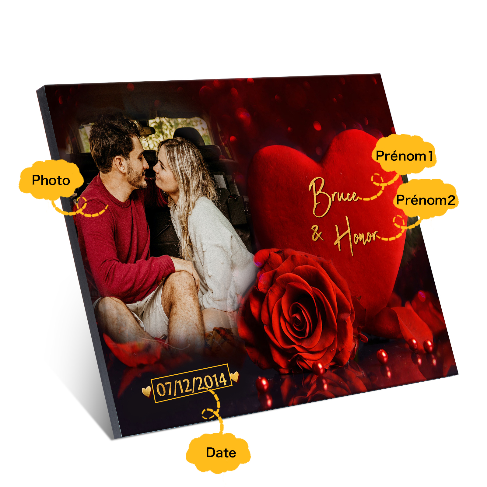 Lámina "rosa y corazón" marco de madera para pareja 2 nombres personalizados con fecha y foto-Jessemade ES