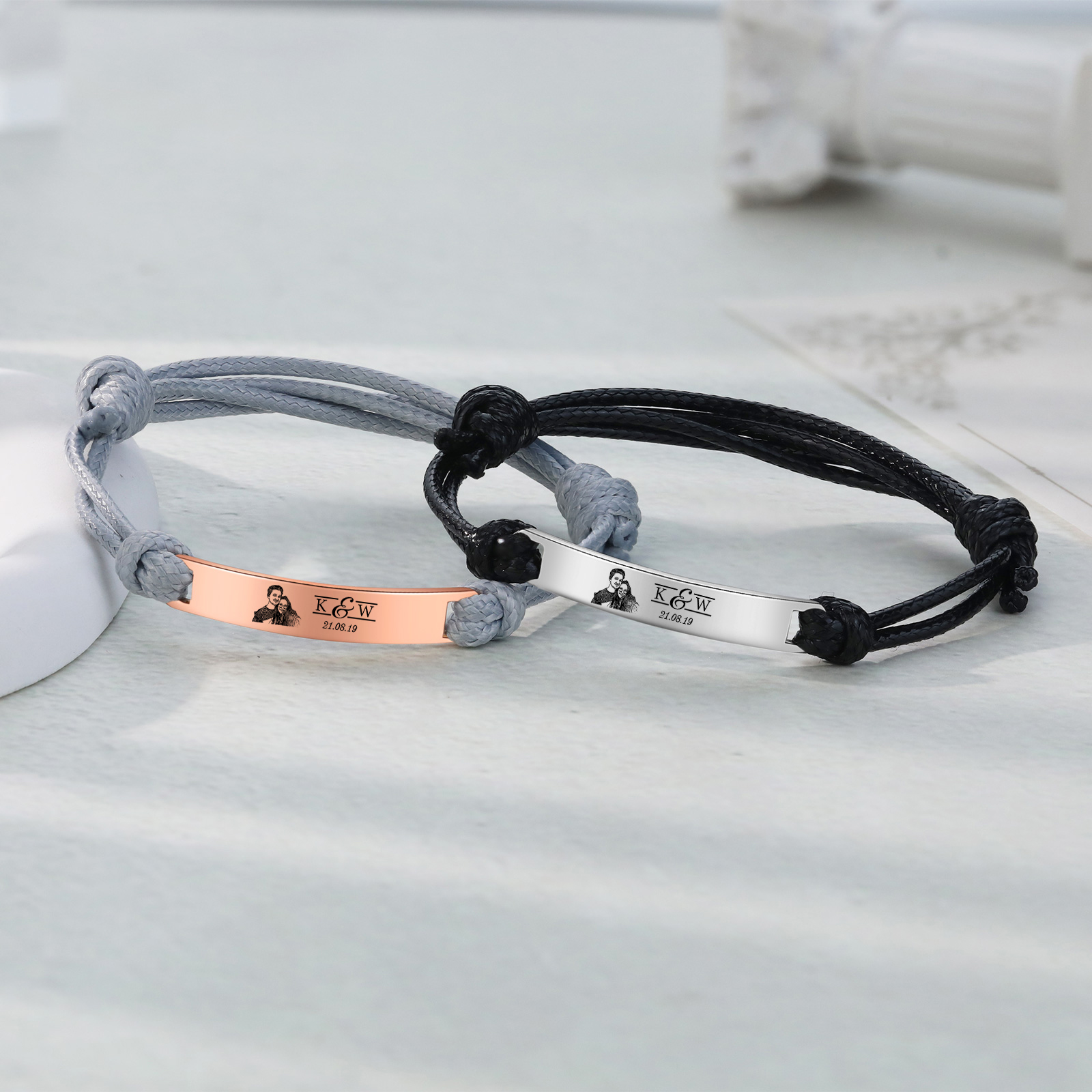 Pulseras de cuerda con placa personalizada con 2 letras, fecha y foto-Jessemade ES