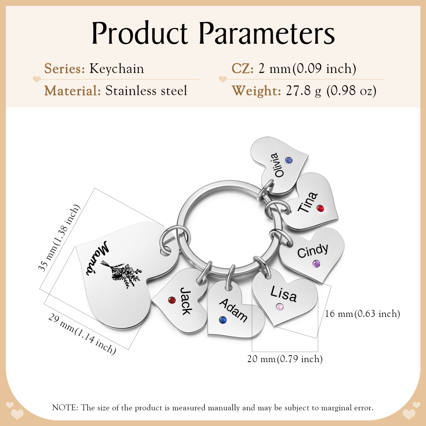 A mi mamá/abuela - Llavero con 6 nombres y piedras de nacimiento personalizados en corazones con texto y flor-Jessemade ES