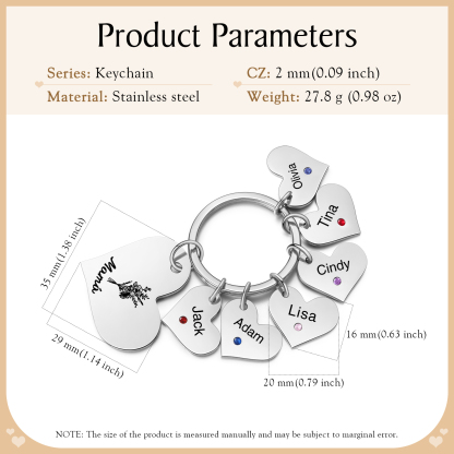 A mi mamá/abuela - Llavero con 6 nombres y piedras de nacimiento personalizados en corazones con texto y flor-Jessemade ES