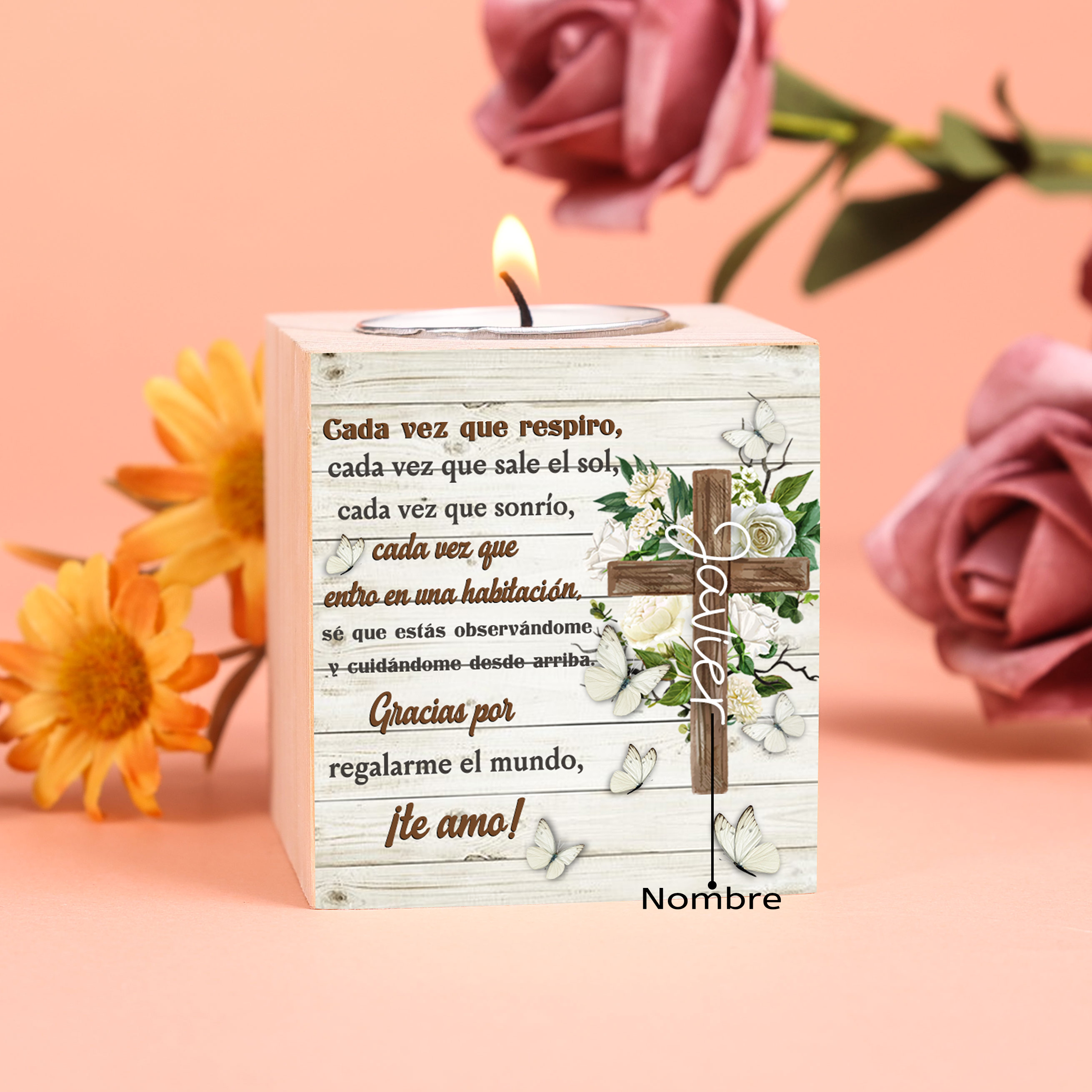 Navidad en el paraíso-Candelero en memoria de ser querido personalizado con nombre de madera sin vela-Jessemade ES