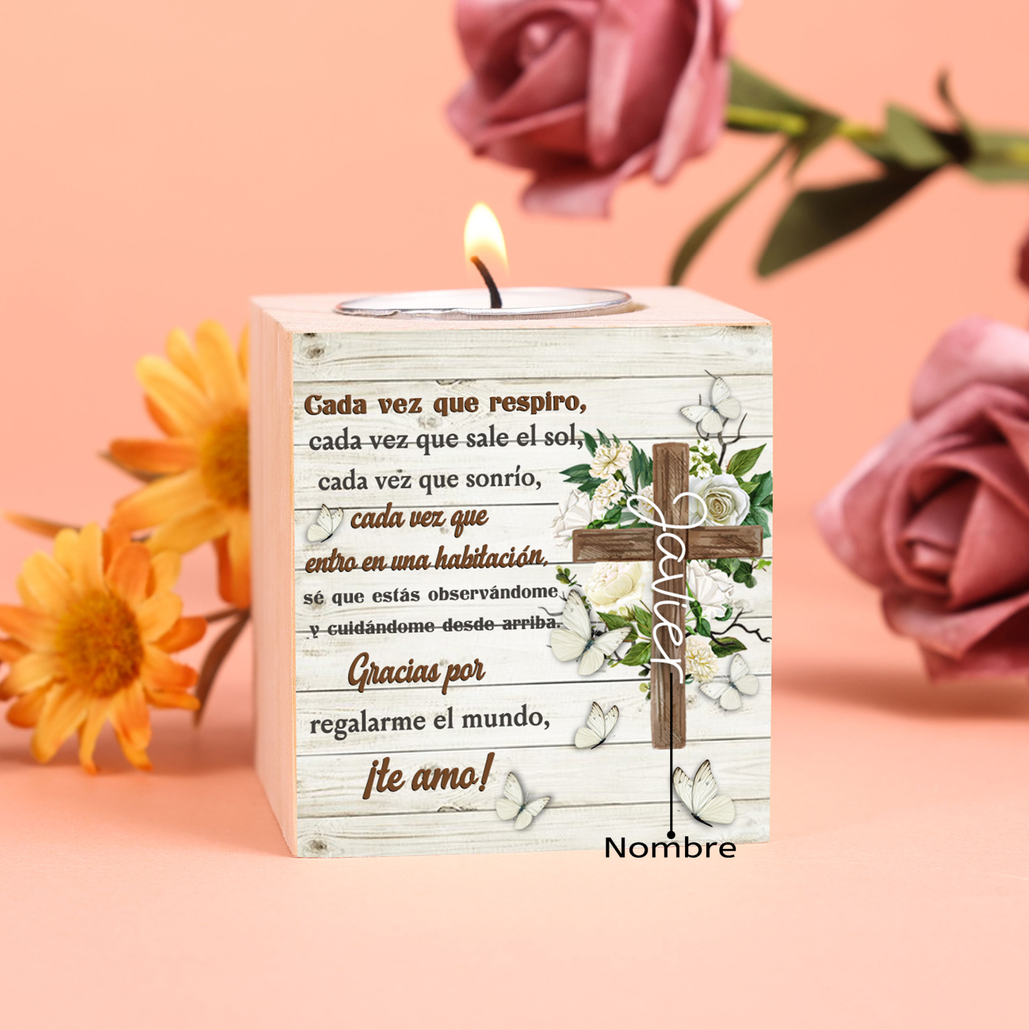 Navidad en el paraíso-Candelero en memoria de ser querido personalizado con nombre de madera sin vela-Jessemade ES