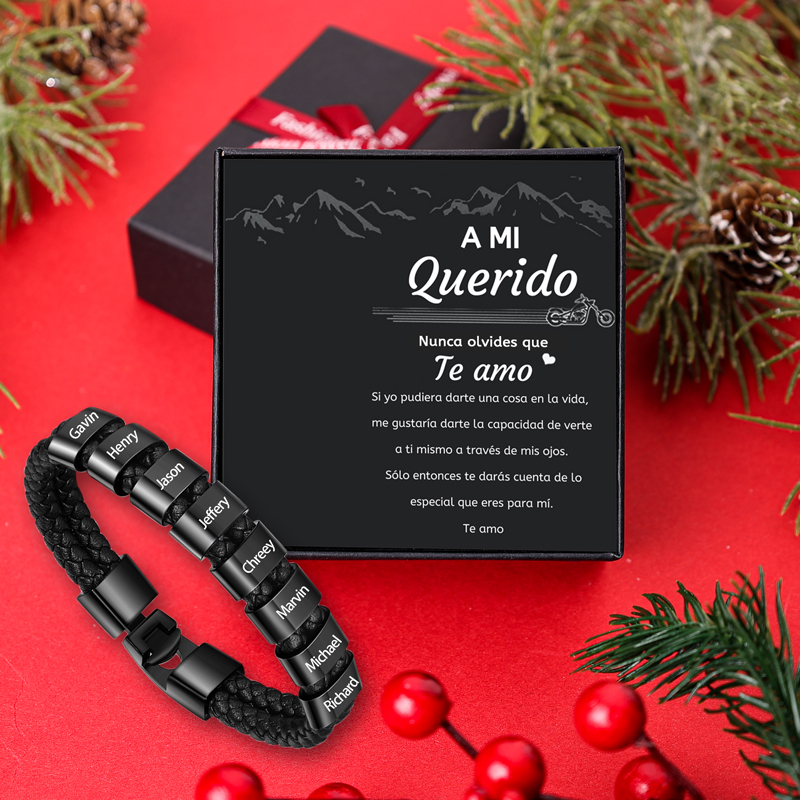 A mi querido-Pulsera de cuero trenzado Pulsera de hombre con 8 aros personalizados con 8 nombres-Jessemade ES