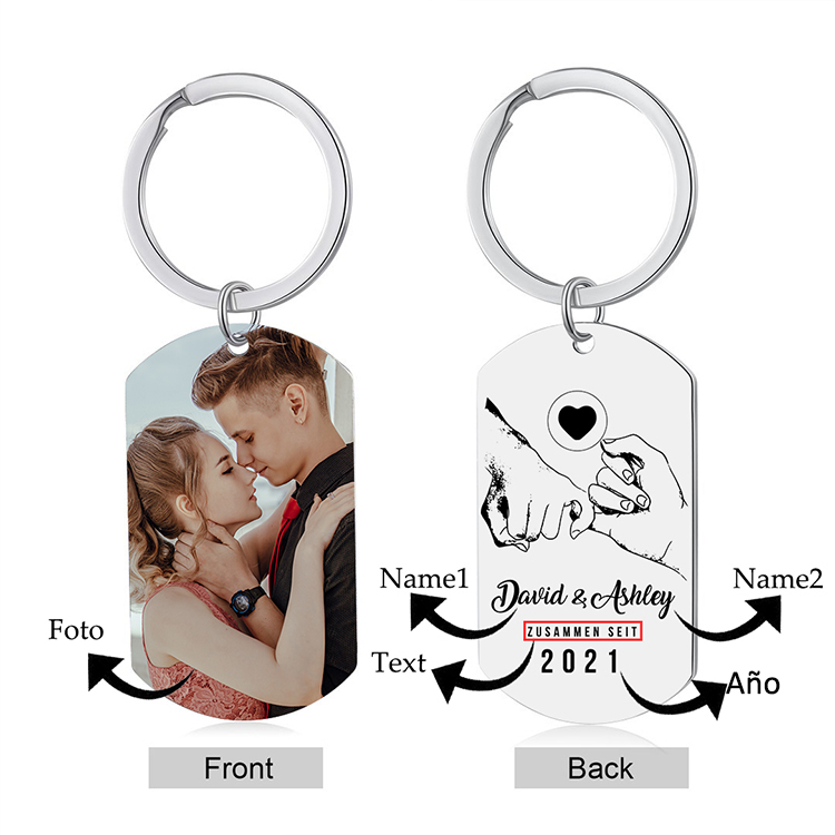Llavero dedos cogidos personalizado con 2 nombres, texto, año y 1 foto para pareja-Jessemade ES