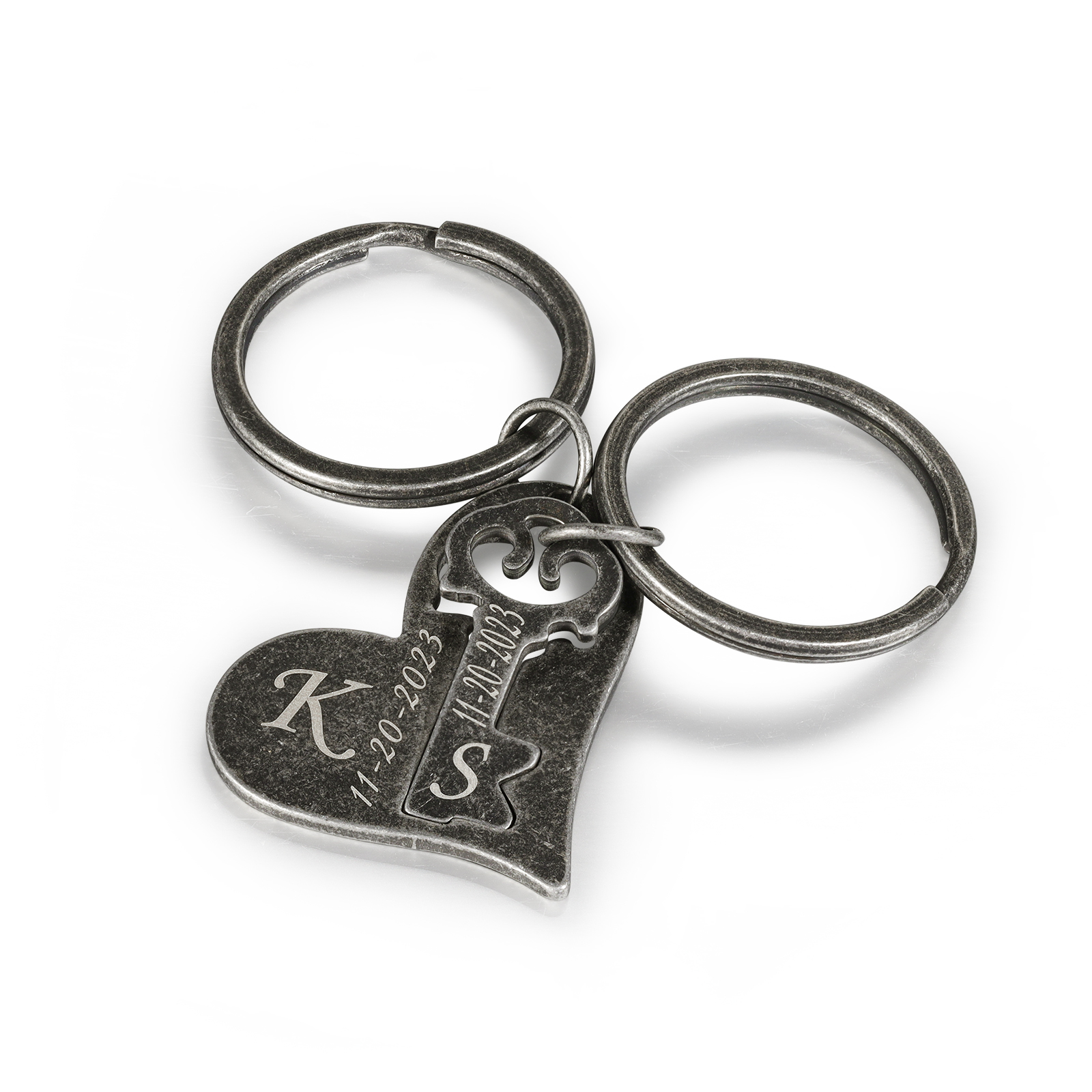 Llavero para pareja corazón y llave personalizado con 2 letras y fecha-Jessemade ES