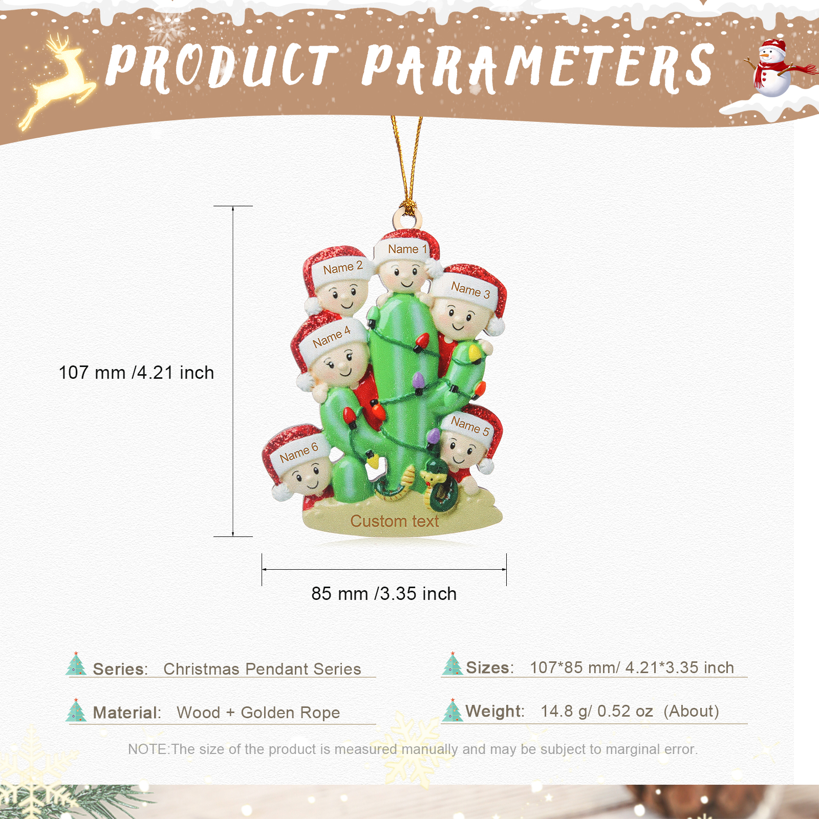 Navidad-Ornamento muñecos navideño de madera cactus 6 nombres y 1 texto personalizados adorno del árbol-Jessemade ES