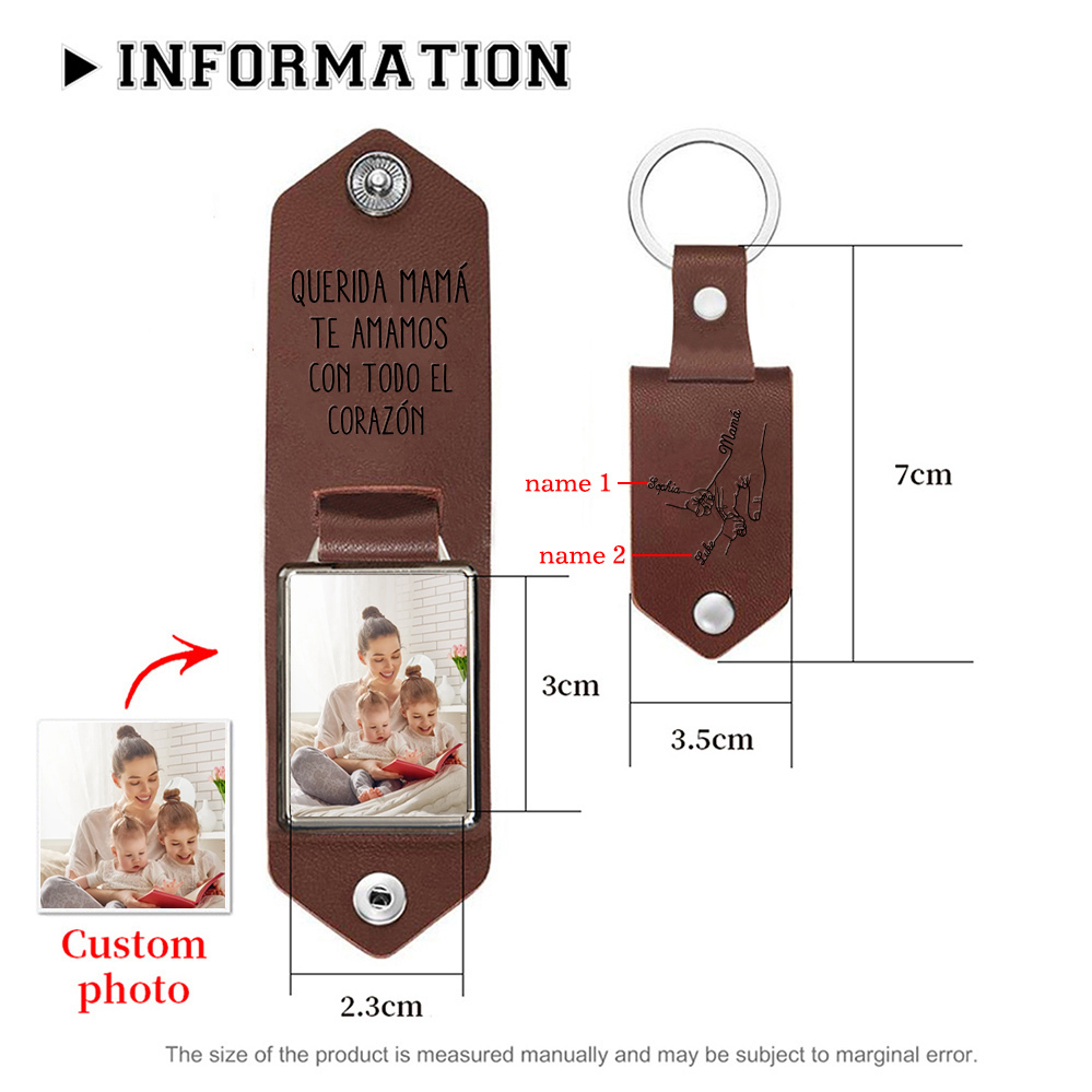 A mi mamá - Llavero 1-5 nombres y 1 foto personalizados de cuero mano y manitos-Jessemade ES