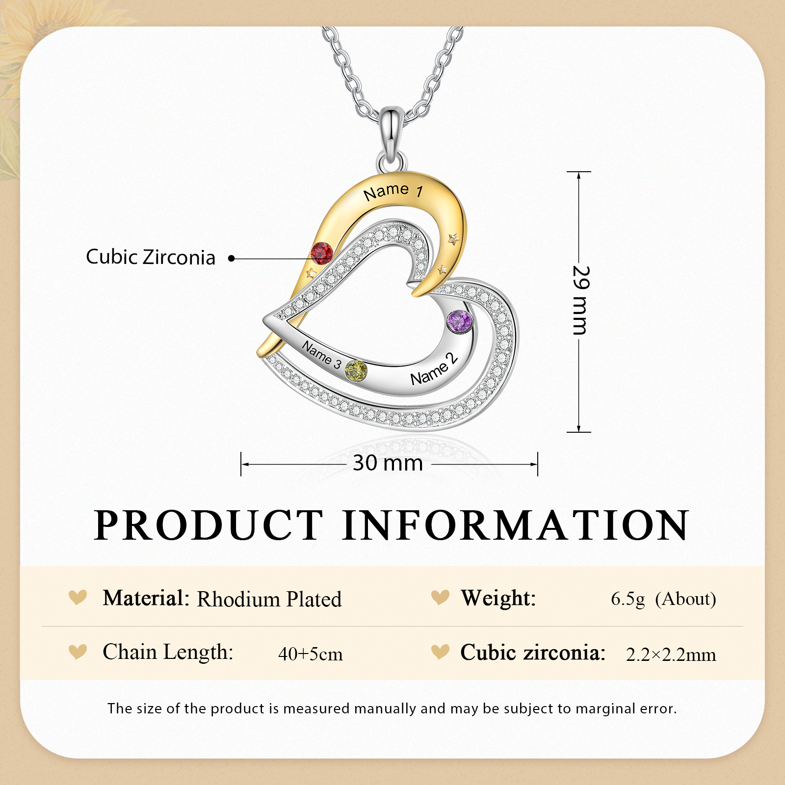 Collar de corazón con 3 nombres y piedras de nacimiento personalizados-Jessemade ES