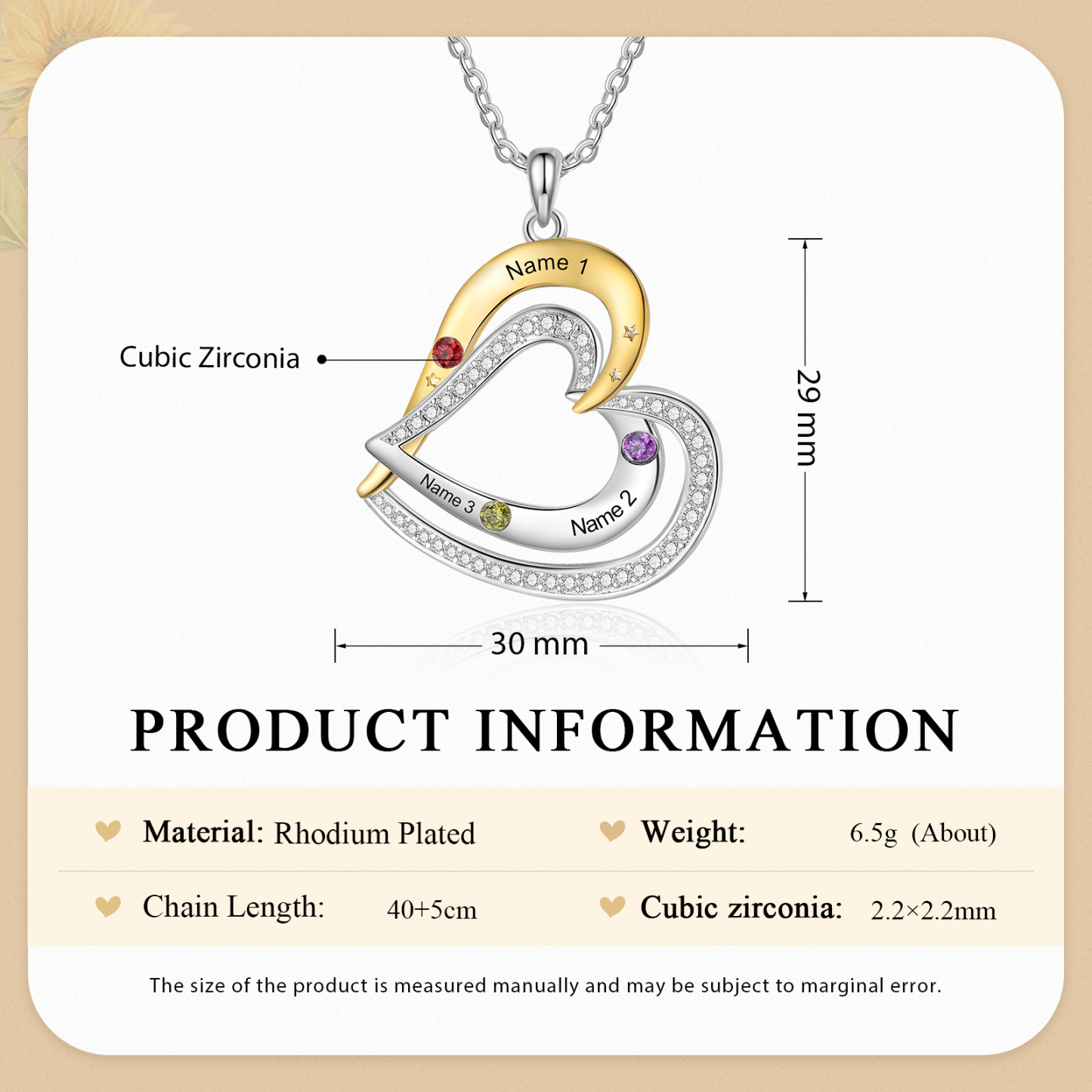 Collar de corazón con 3 nombres y piedras de nacimiento personalizados-Jessemade ES