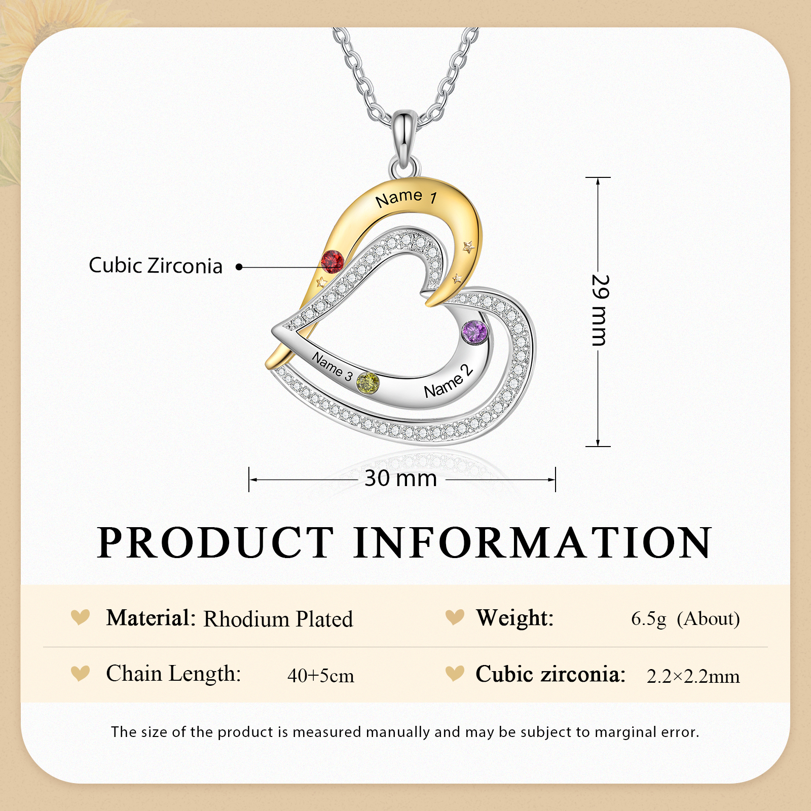 Collar de corazón con 3 nombres y piedras de nacimiento personalizados-Jessemade ES