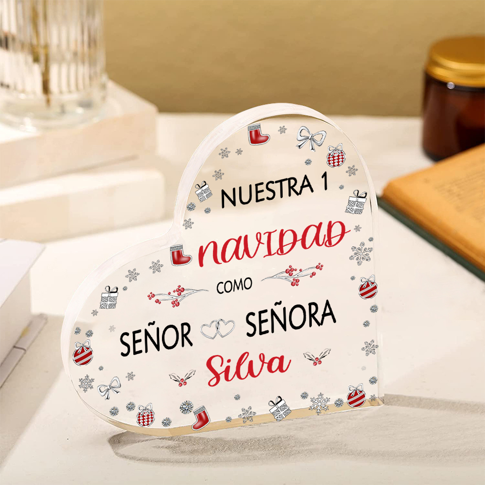 Navidad-Placa de acrílico en forma de corazón aniversario de navidad con número y apellido personalizados-Jessemade ES
