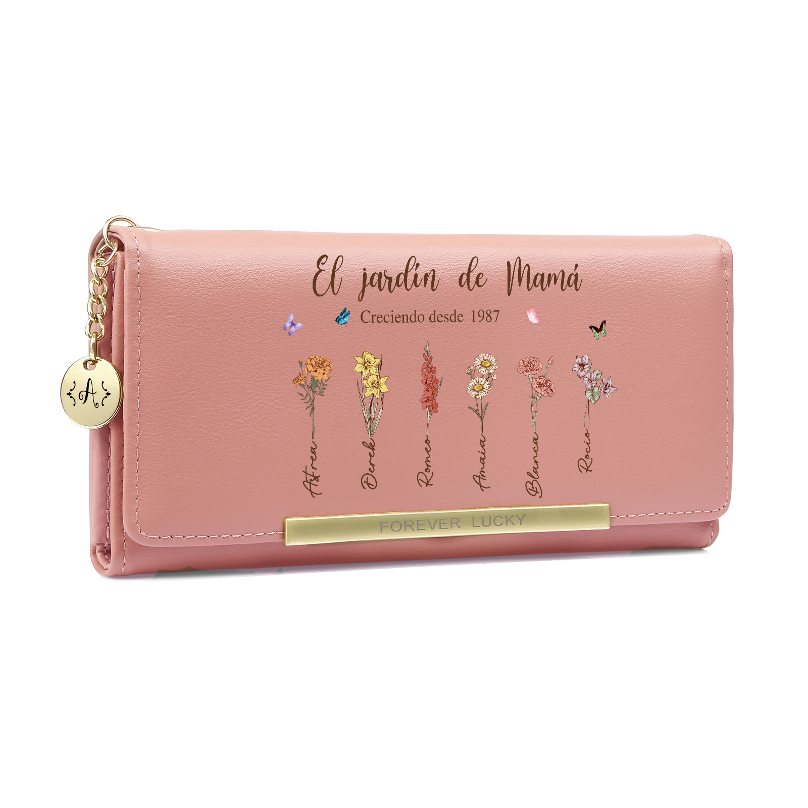 Cartera de cuero personalizada para mujer «El Jardín de Mamá», diseñada con 1 a 8 flores de nacimiento y nombres