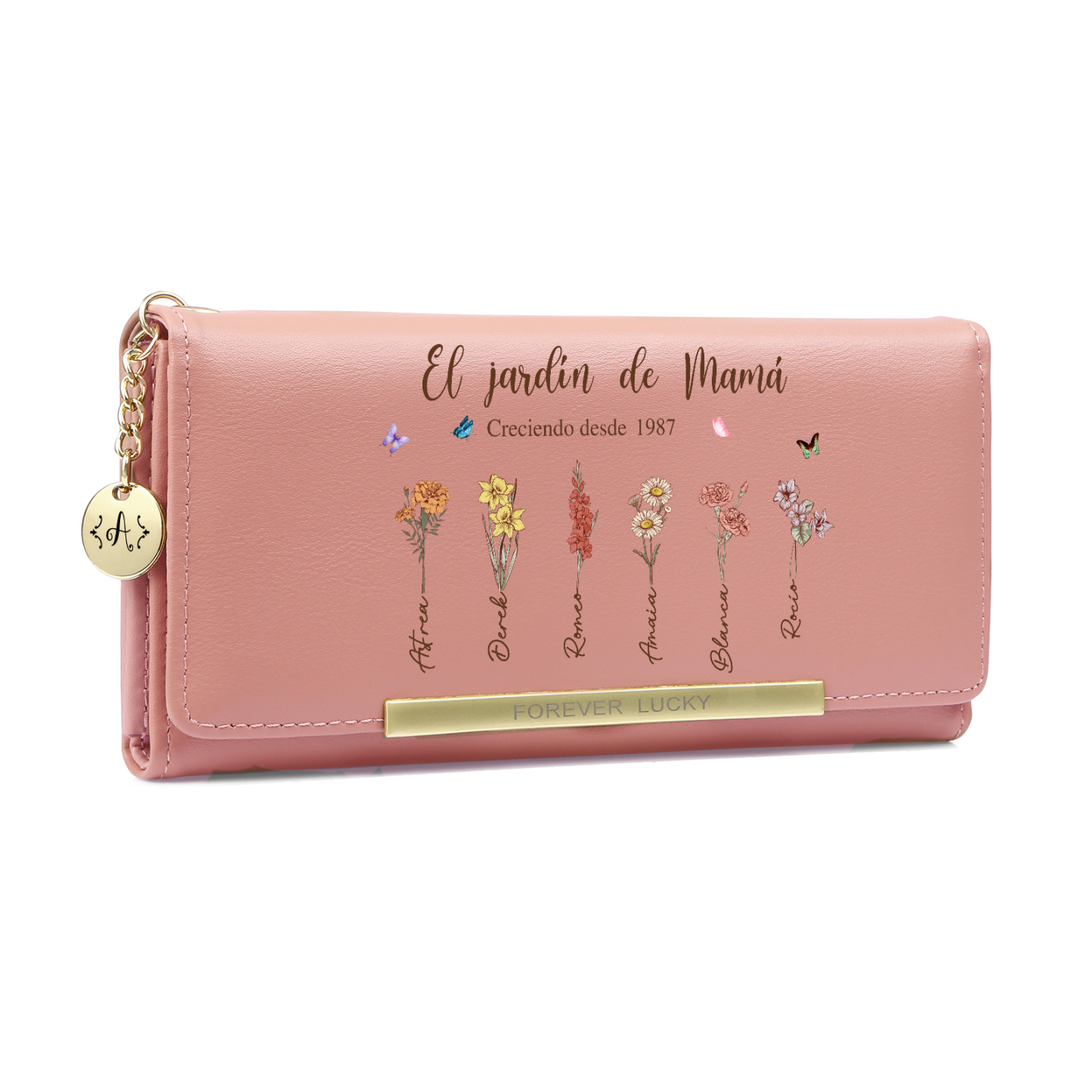Cartera de cuero personalizada para mujer «El Jardín de Mamá», diseñada con 1 a 8 flores de nacimiento y nombres