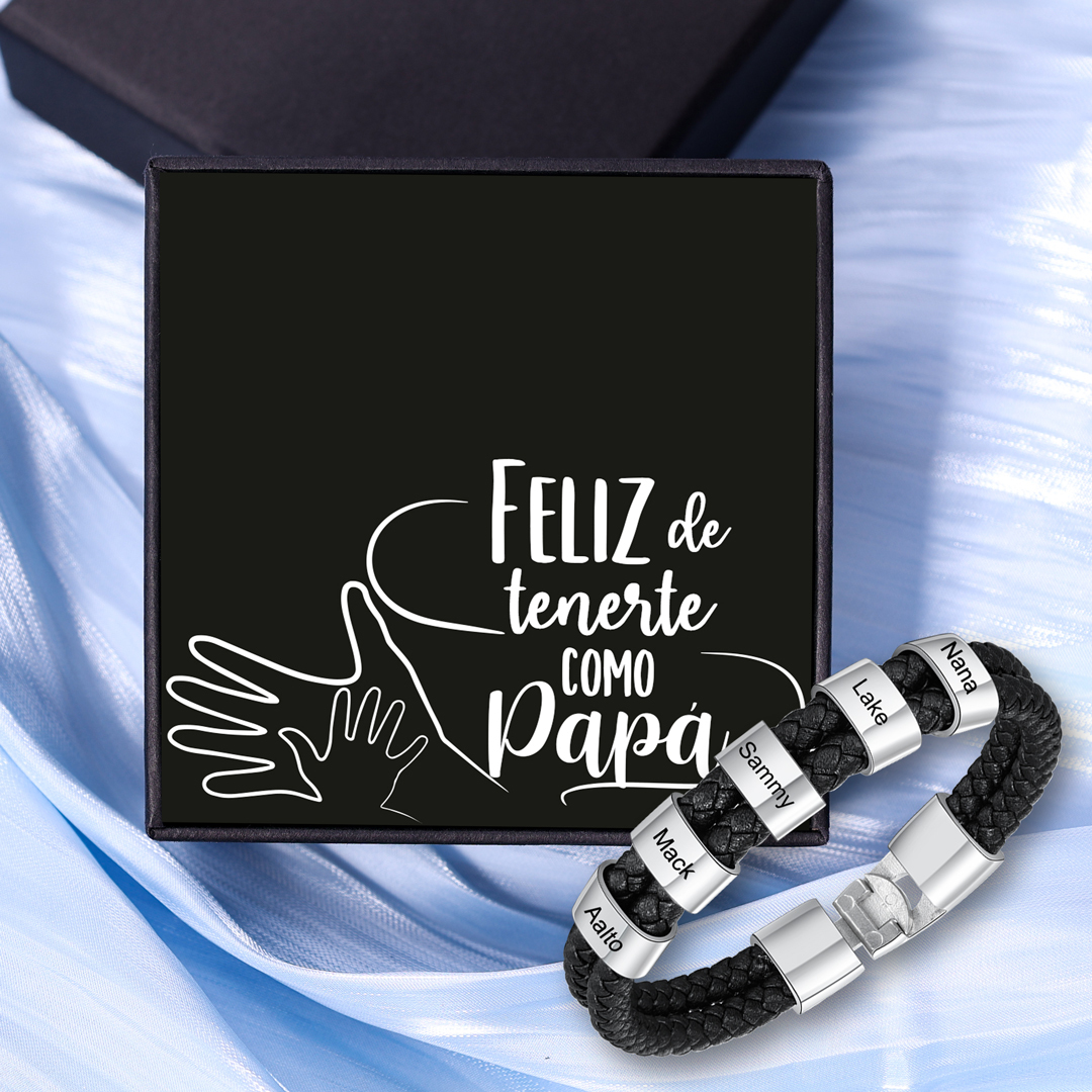A mi papá-Pulsera de cuero trenzado Pulsera de hombre con 5 aros personalizados con 5 nombres-Jessemade ES