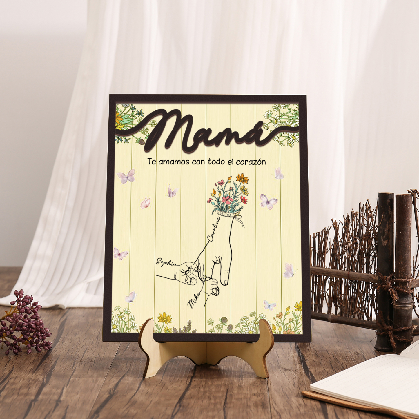 A mi mamá-Adorno 3-9 nombres personalizados decoración de madera mano con manitos-Jessemade ES