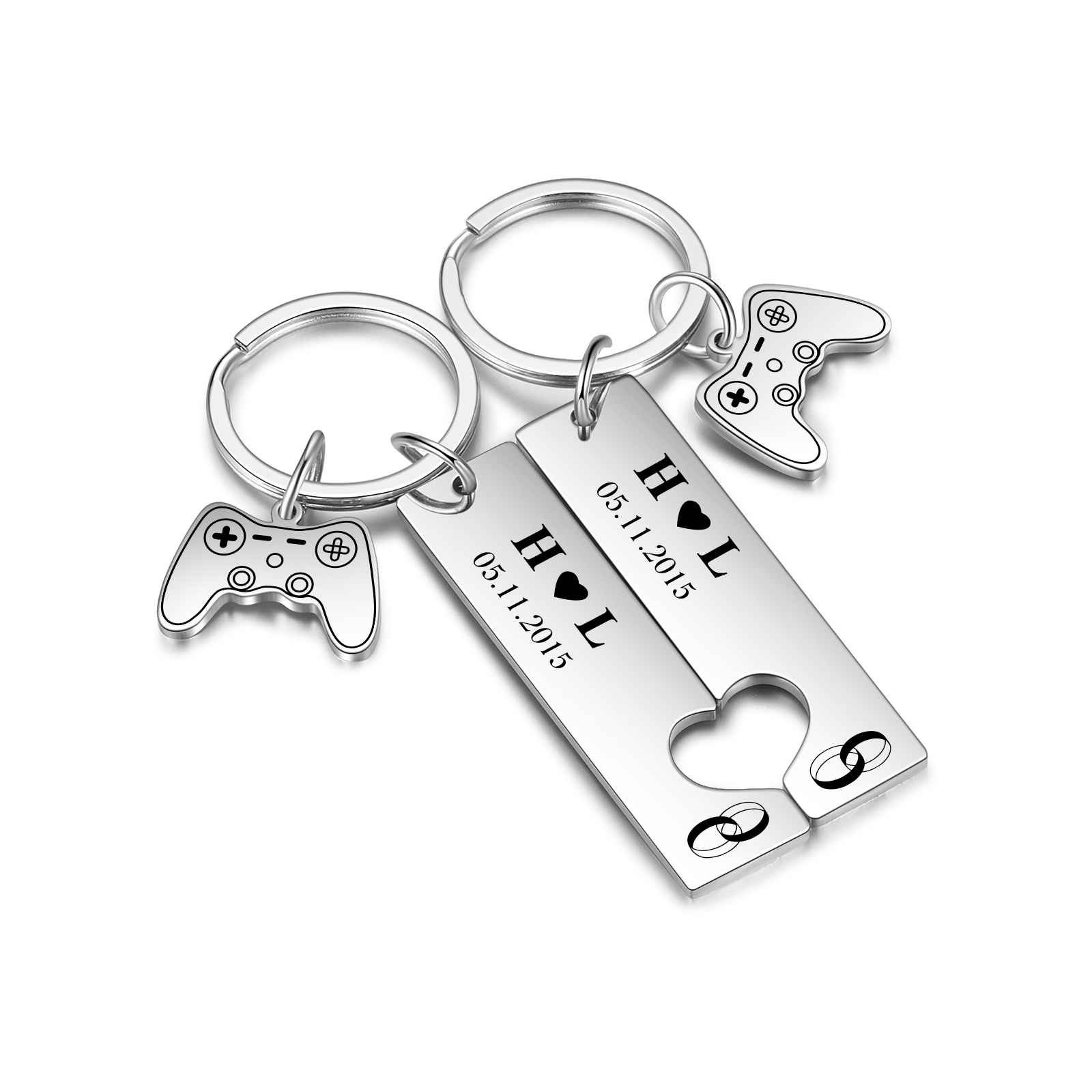 Llavero para pareja anillos 2 letras personalizadas con fecha dije de mando-Jessemade ES