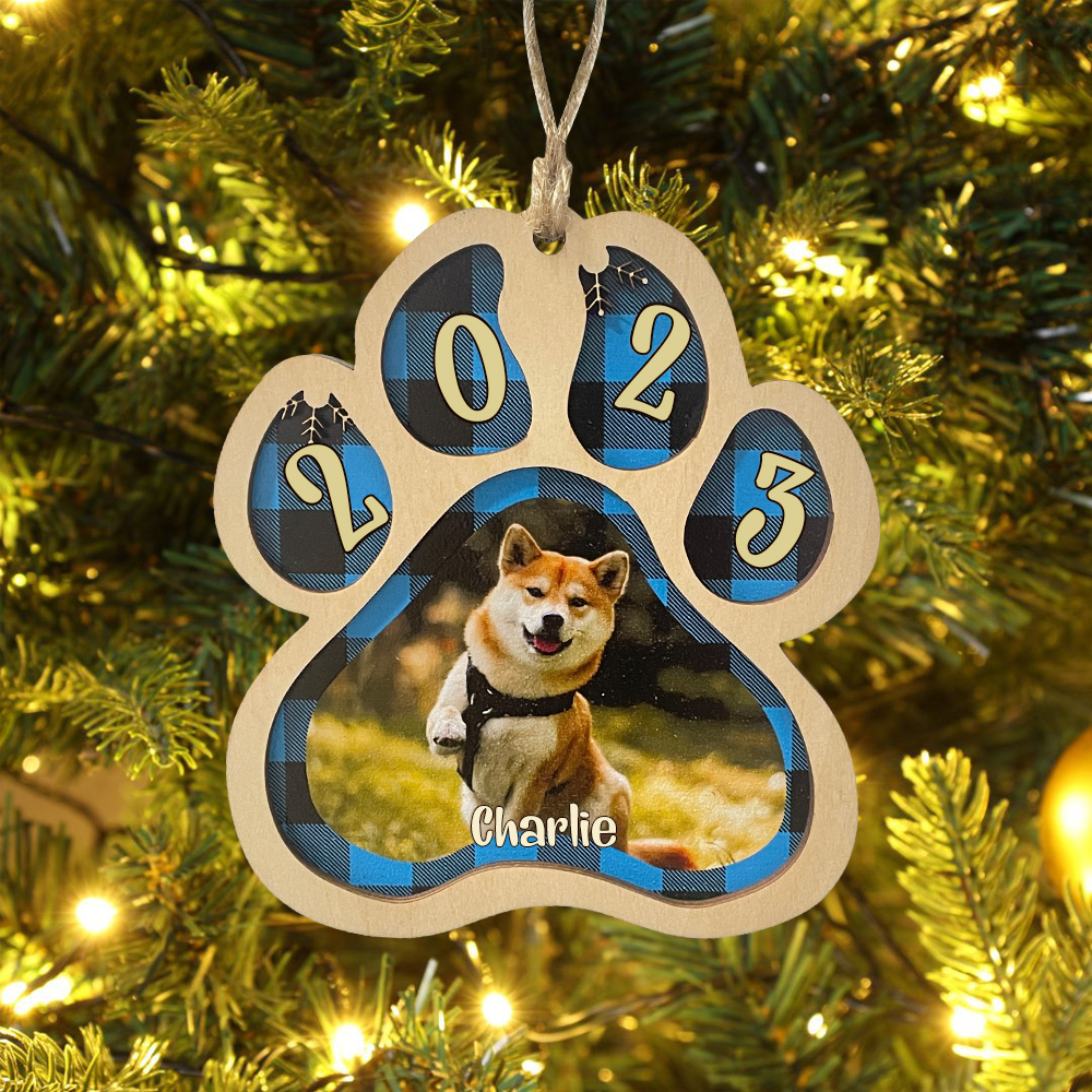 Navidad-Ornamento navideño de madera pata de perro con 1 nombre y 1 foto personalizados
