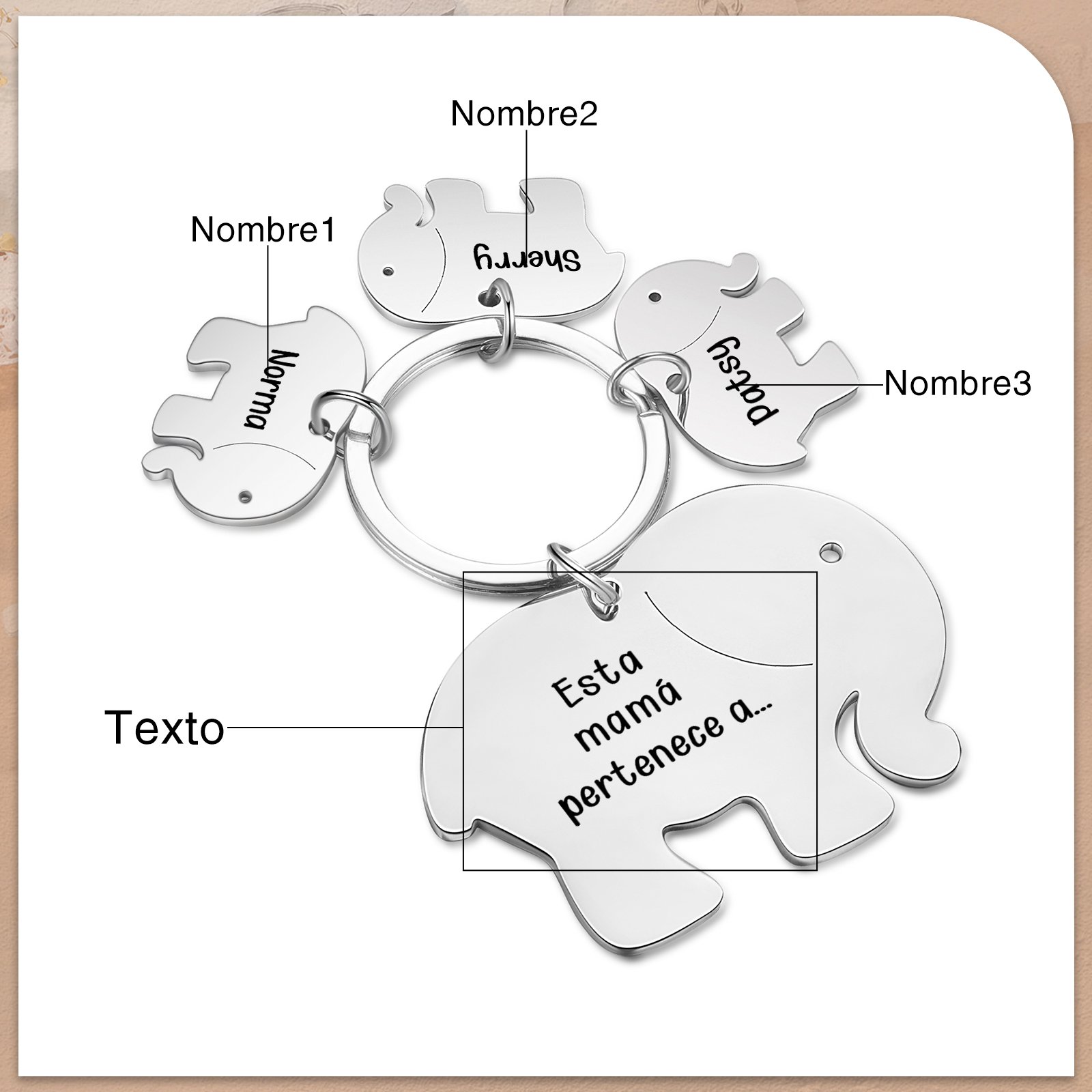 A mi mamá/abuela - Llavero con 3 nombres personalizados en elefantes con texto-Jessemade ES