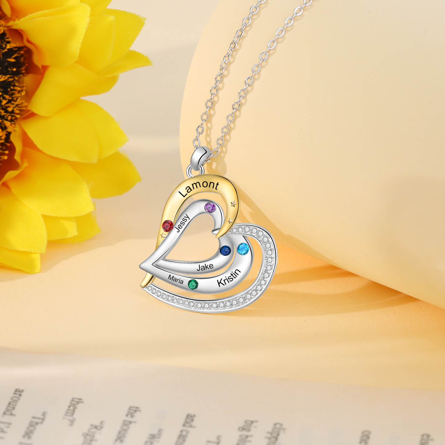 Collar de corazón con 5 nombres y piedras de nacimiento personalizados-Jessemade ES