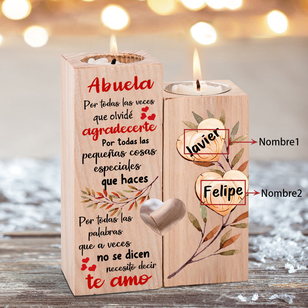 A mi abuela - Candelero de madera sin vela Corazones 2 nombres personalizados