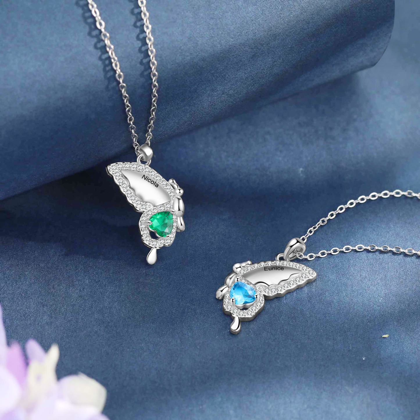 Collares Mariposa con 2 Nombres Personalizado 2 Piedras de Nacimiento-Jessemade ES
