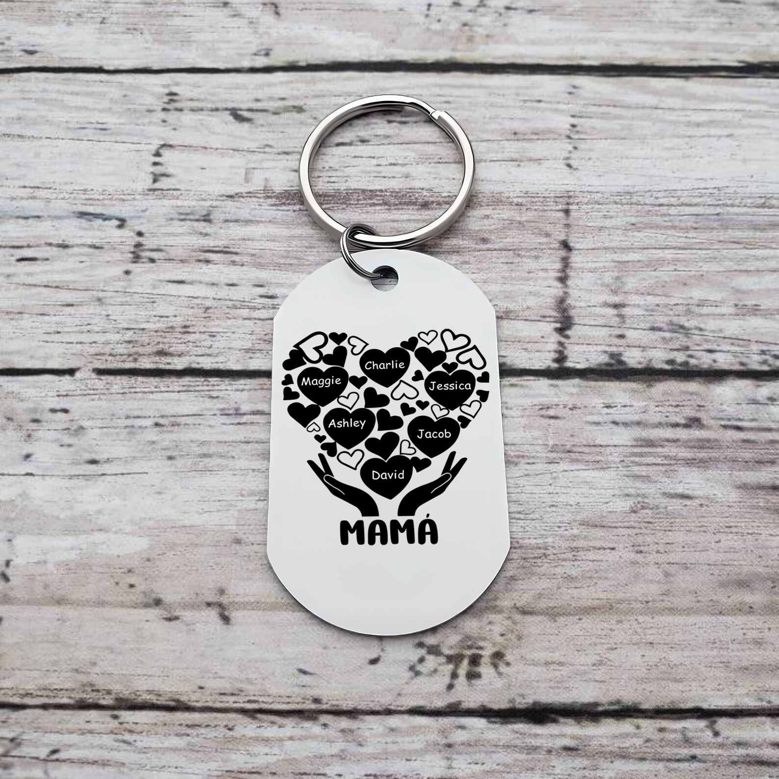 A mi mamá/abuela-Llavero 1-7 Nombres Personalizados con Texto CORAZONES Y MANOS