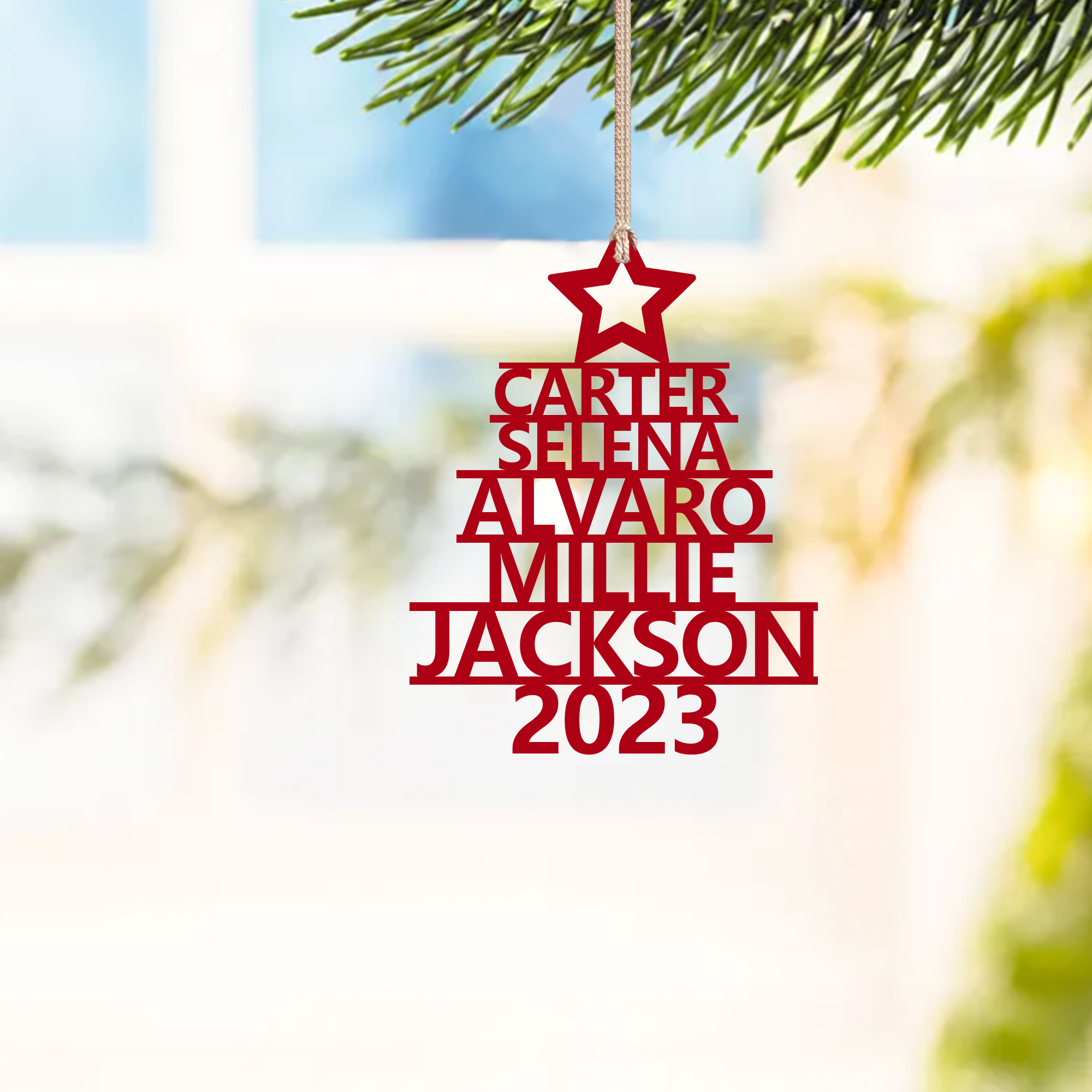 Navidad-Ornamento navideño de madera árbol de nombres con 5 nombres y año personalizados