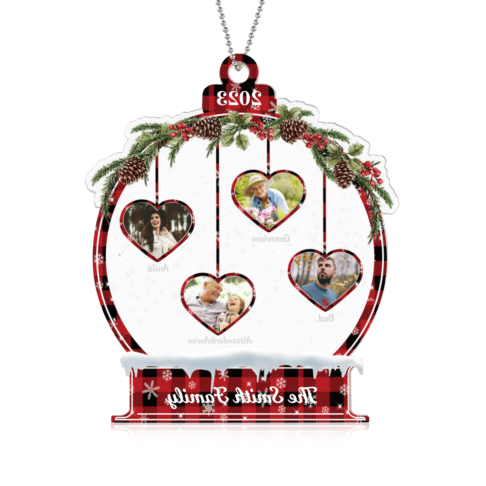 Navidad-Ornamento navideño de acrílico bola de cristal con 4 nombres, 4 fotos y 1 texto personalizados-Jessemade ES