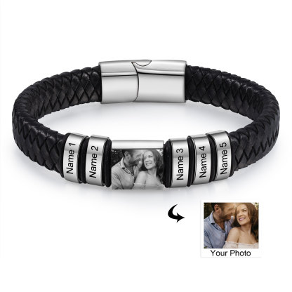 Pulsera de Cueros Trenzados Aros Personalizados de 2-5 Nombres y Placa de Foto-Jessemade ES