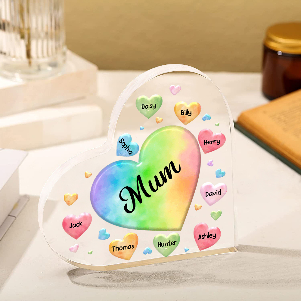A mi mamá/abuela-Placa de acrílico "Corazones" en forma de corazón 9 nombres y 1 texto personalizados-Jessemade ES