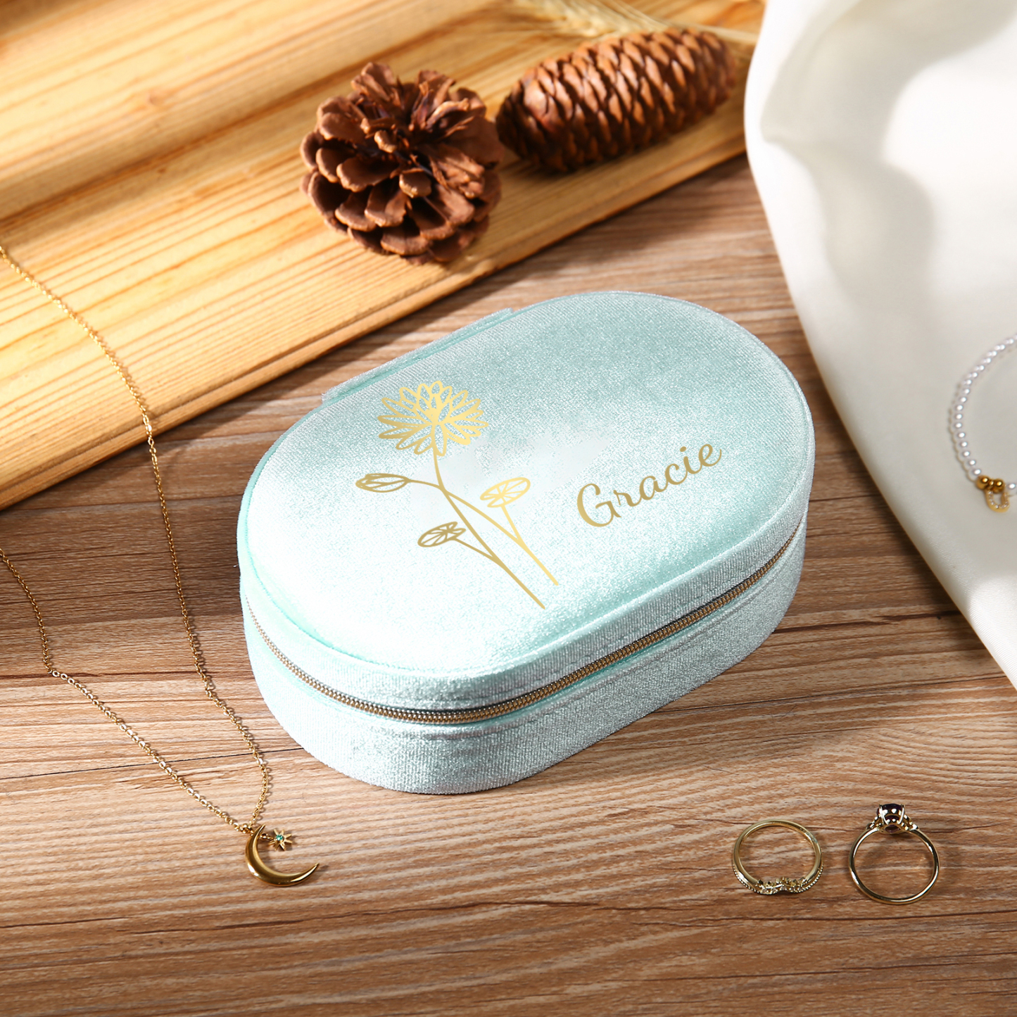 Caja de regalo para joya personalizada con nombre y flor de nacimiento-Jessemade ES