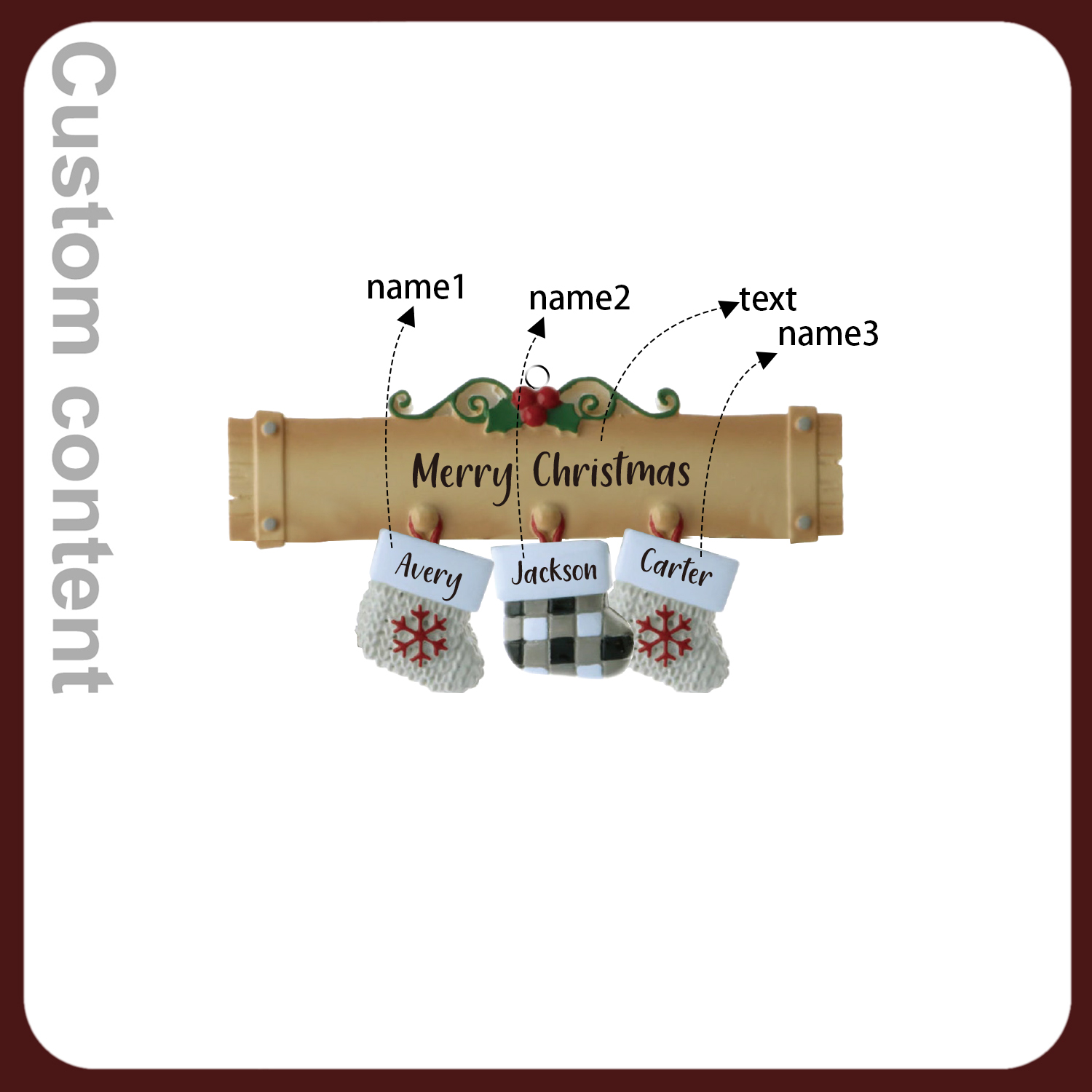 Navidad-Ornamento muñecos navideño de madera calcetines 3 nombres y 1 texto personalizados adorno del árbol-Jessemade ES