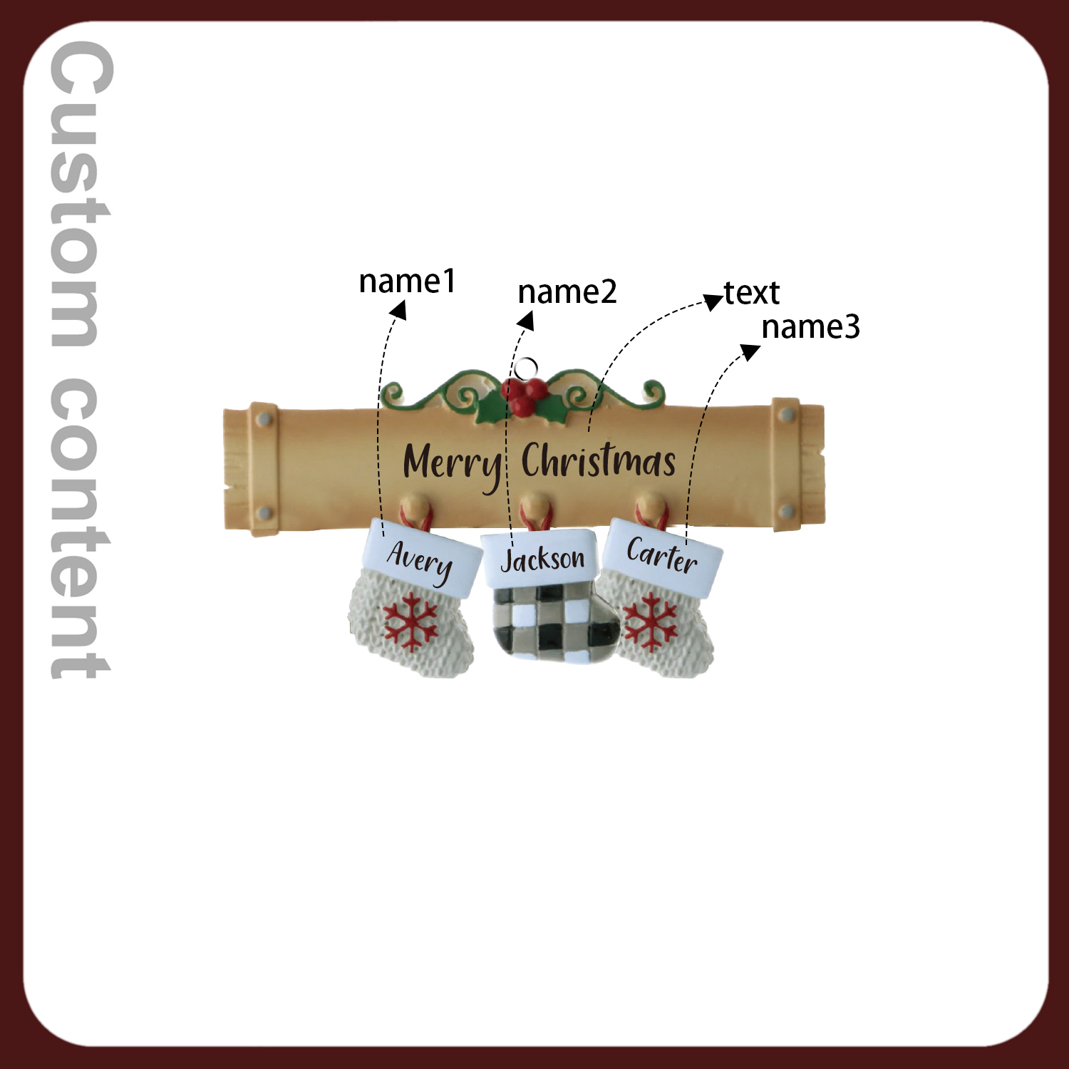 Navidad-Ornamento muñecos navideño de madera calcetines 3 nombres y 1 texto personalizados adorno del árbol-Jessemade ES