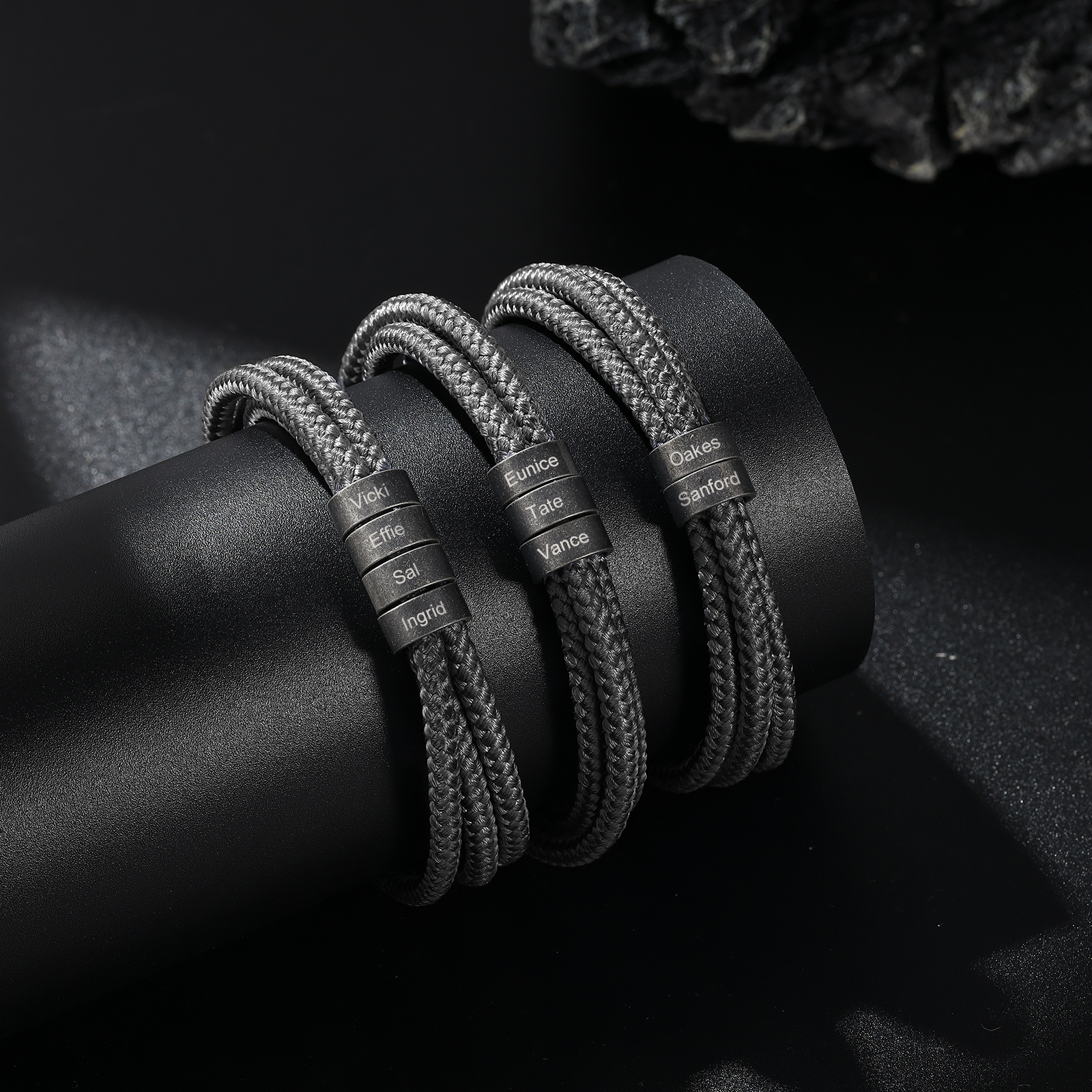 2-4 Nombres Personalizados Pulsera de Triple Cuerda Gris Aros de Acero Inoxidable-Jessemade ES