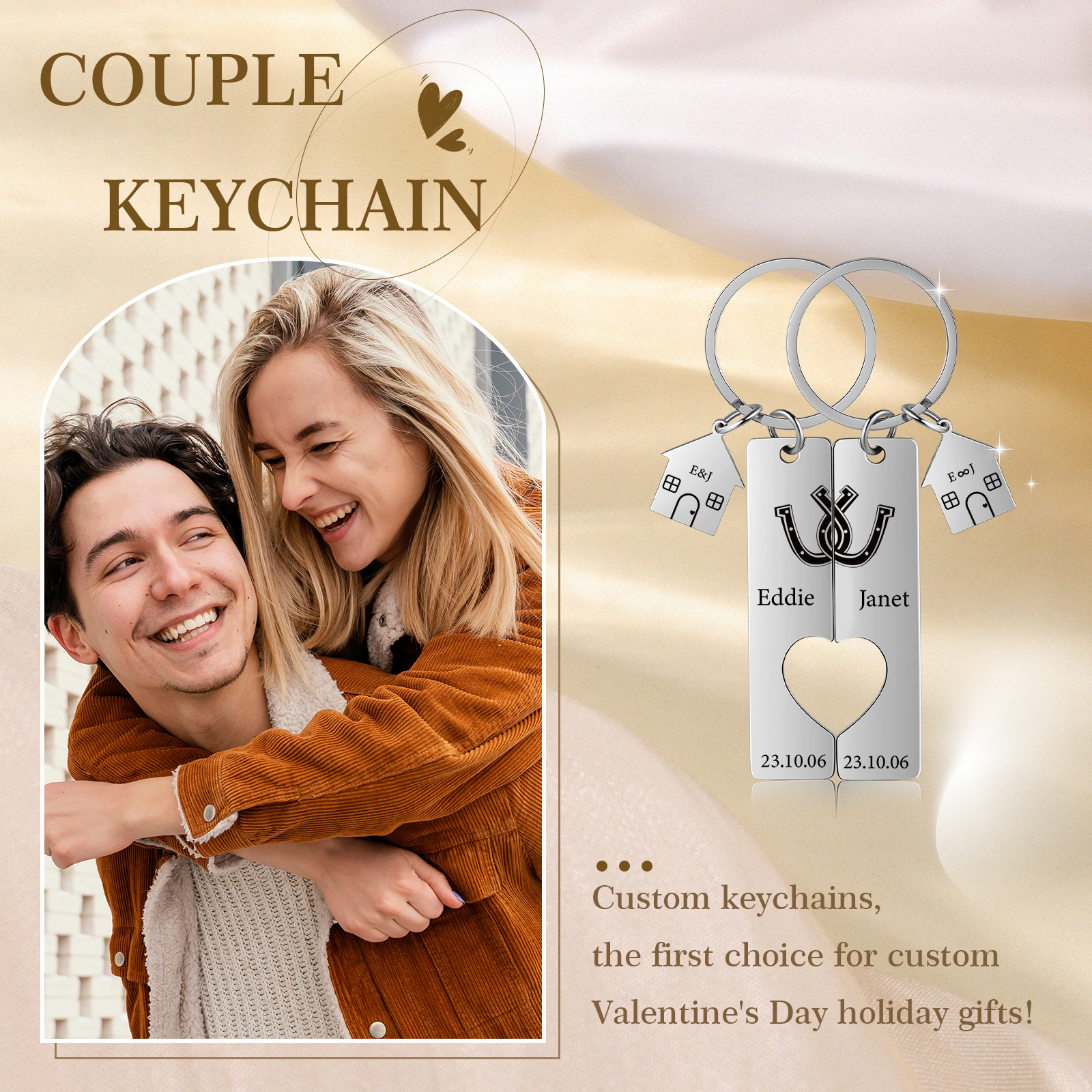 Llavero para pareja herradura 2 letras, 2 nombres personalizados con fecha dije de casa-Jessemade ES