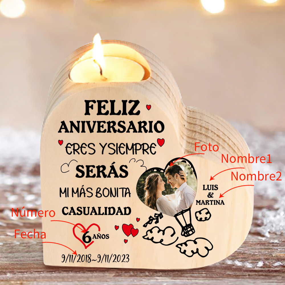Aniversario-Candelero de madera para pareja con texto amoroso sin vela personalizado con nombres, fecha, foto y número-Jessemade ES