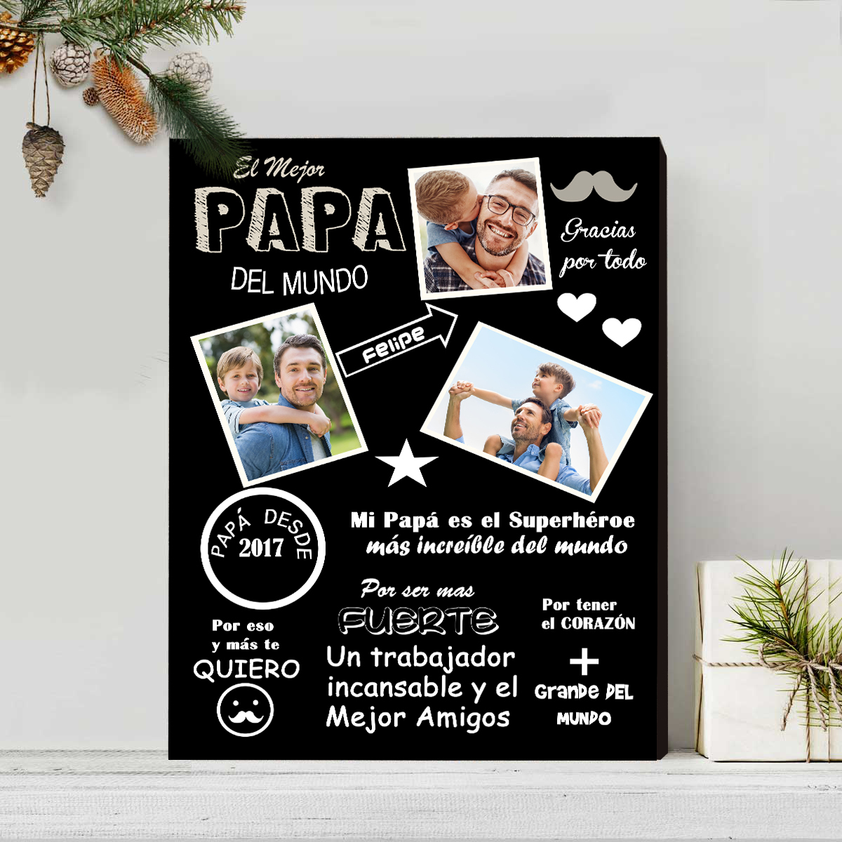 A mi papá - Lámina marco de madera 1 nombre y 1 año personalizados con 3 fotos-Jessemade ES