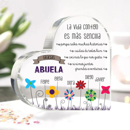 Abuela - Placa de acrílico en forma de corazón flores 1-5 nombres personalizados-Jessemade ES