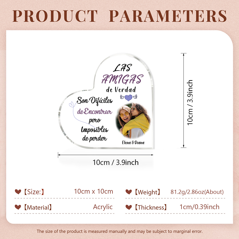 Placa de acrílico en forma de corazón para amiga con foto y 2 nombres personalizados-Jessemade ES