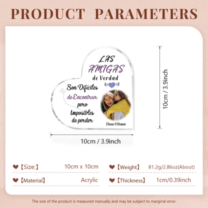 Placa de acrílico en forma de corazón para amiga con foto y 2 nombres personalizados-Jessemade ES