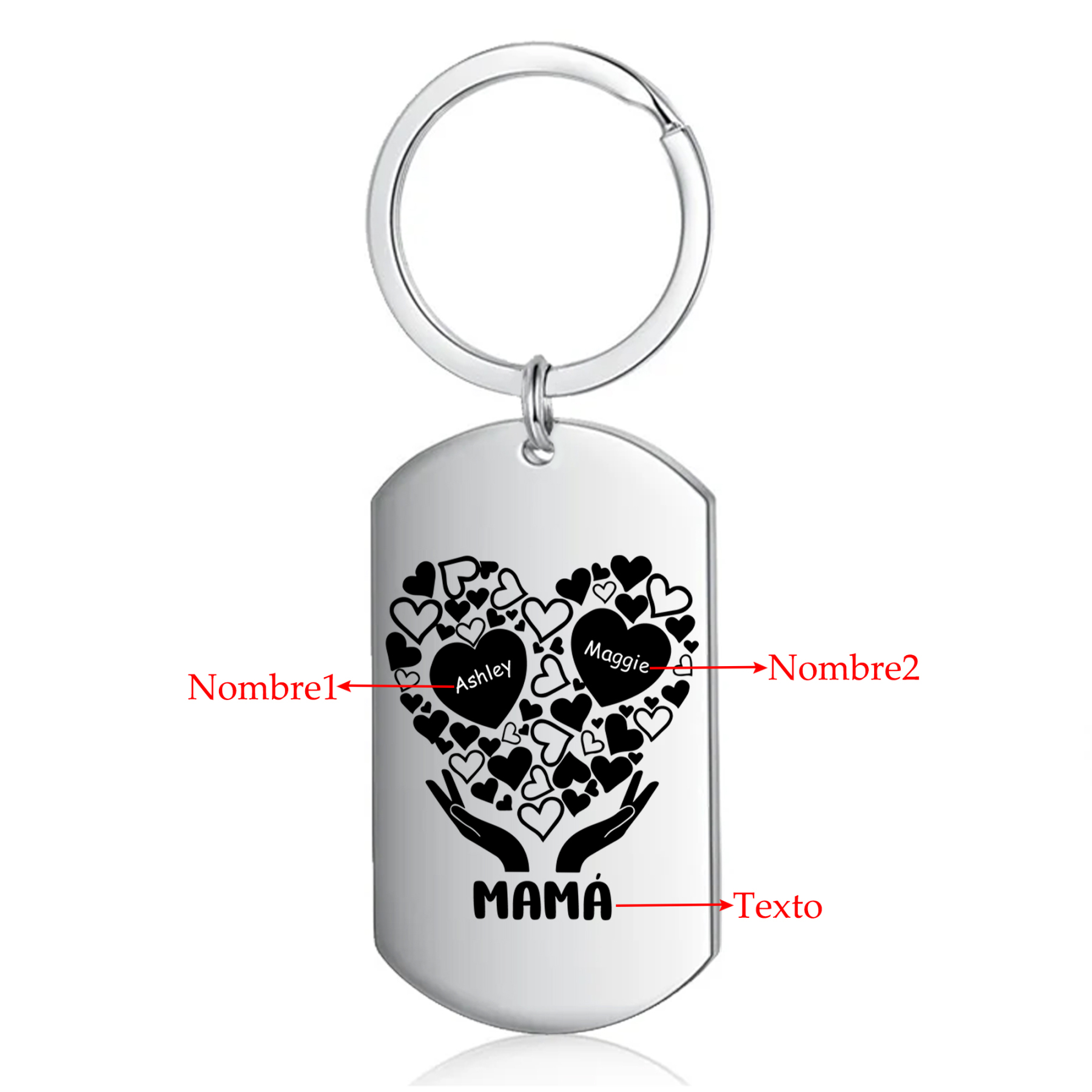 A mi mamá/abuela-Llavero 1-7 Nombres Personalizados con Texto CORAZONES Y MANOS