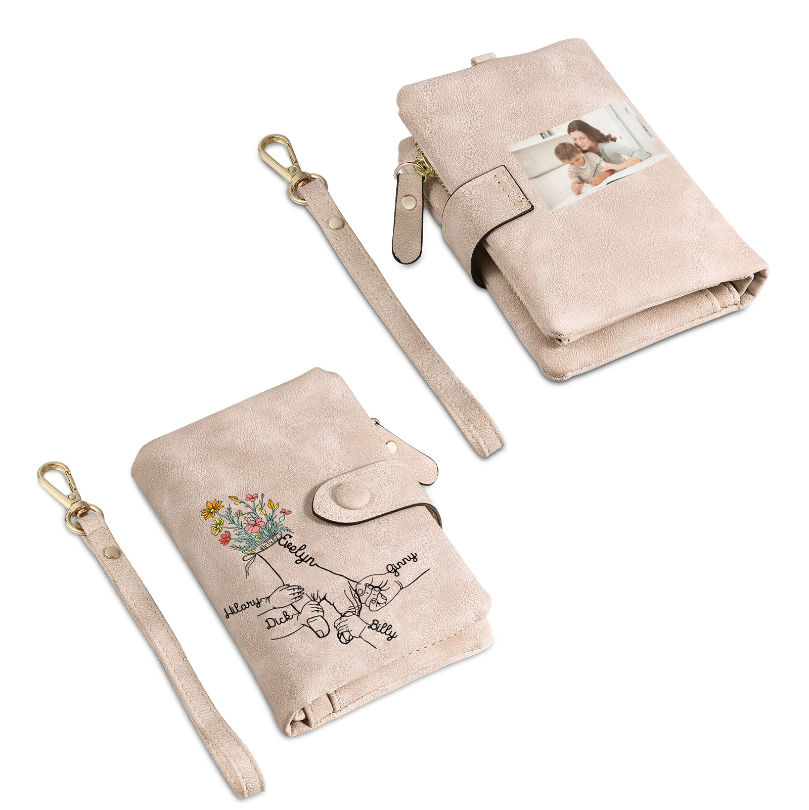 Cartera, billetera con 5 nombres y 1 foto personalizados mano con manito monedero clásico para mujer-Jessemade ES
