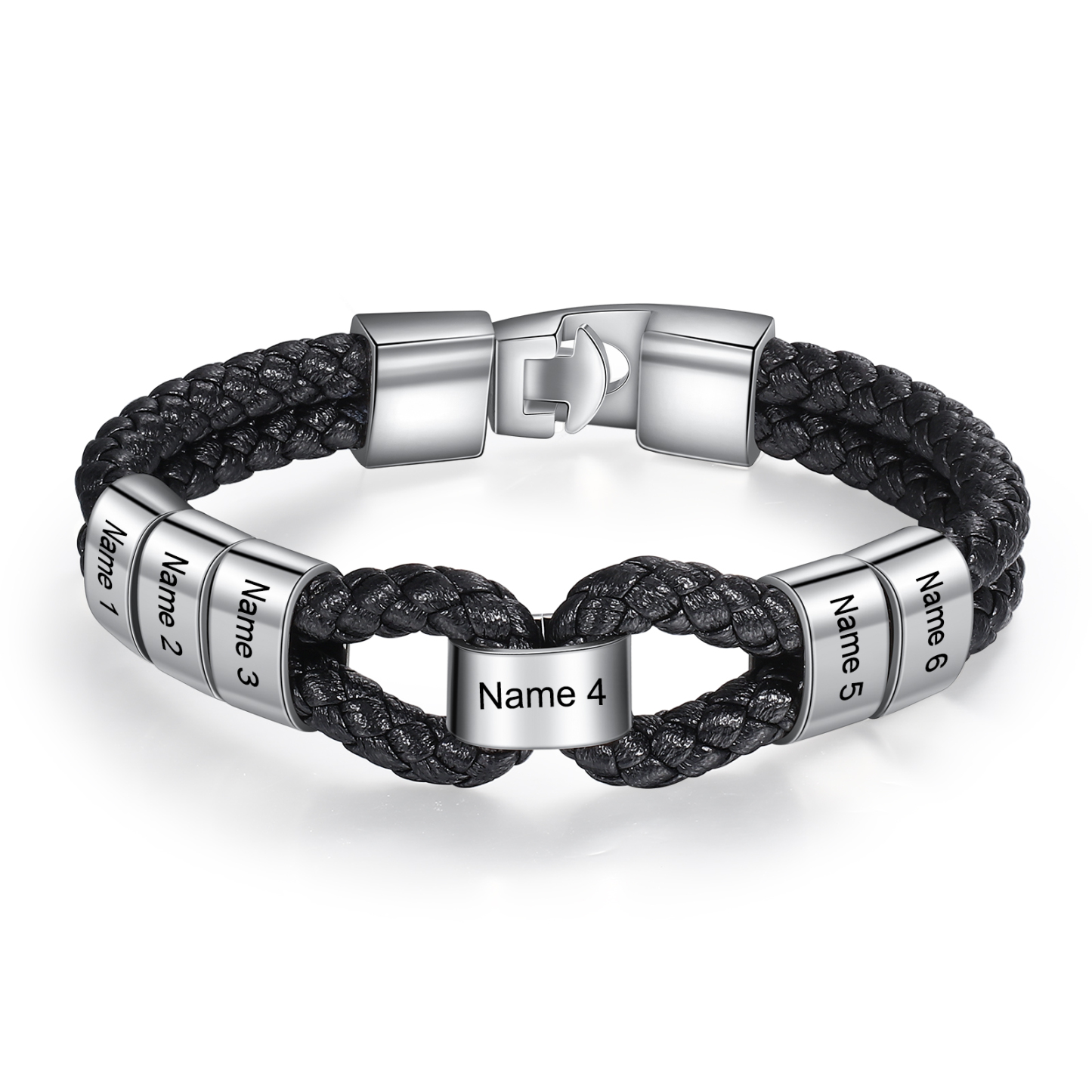 Pulsera 1-7 Nombres Personalizados de Cuero Trenzado con Aros-Jessemade ES