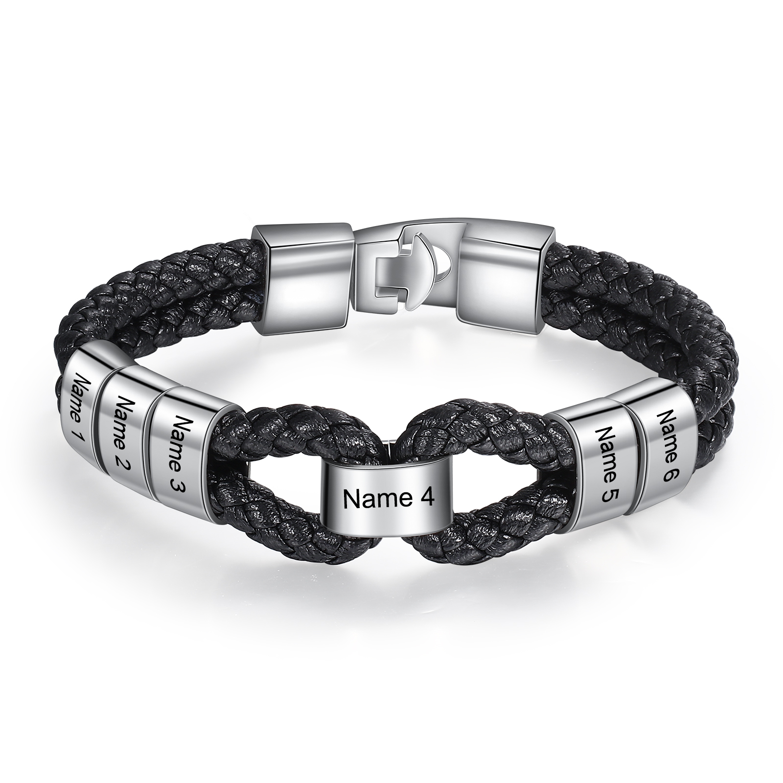 Pulsera 1-7 Nombres Personalizados de Cuero Trenzado con Aros-Jessemade ES
