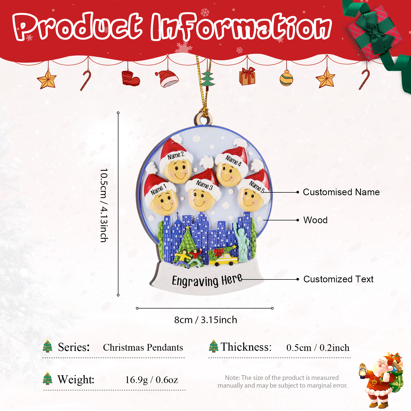 Navidad-Ornamentos Navideños de Madera Bola de cristal 5 Nombres con Texto Personalizados