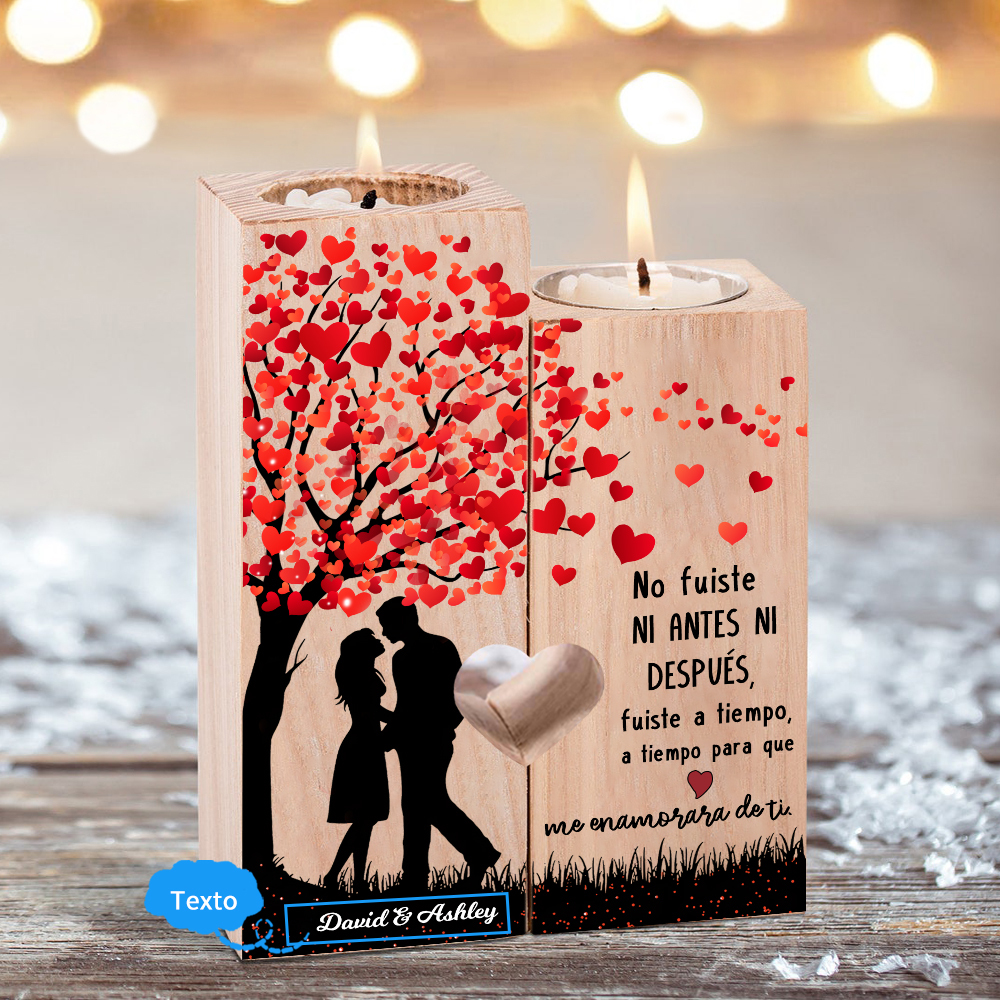 Candelero de siluetas de pareja de madera de dos piezas sin candela con 1 texto personalizado-Jessemade ES